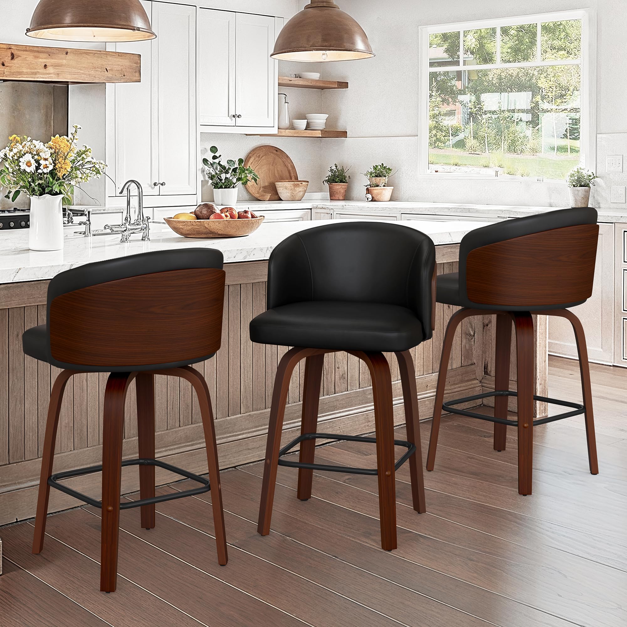 Tabourets de bar lot de 3 pivotants 360° en bois noir et simili cuir de 66cm