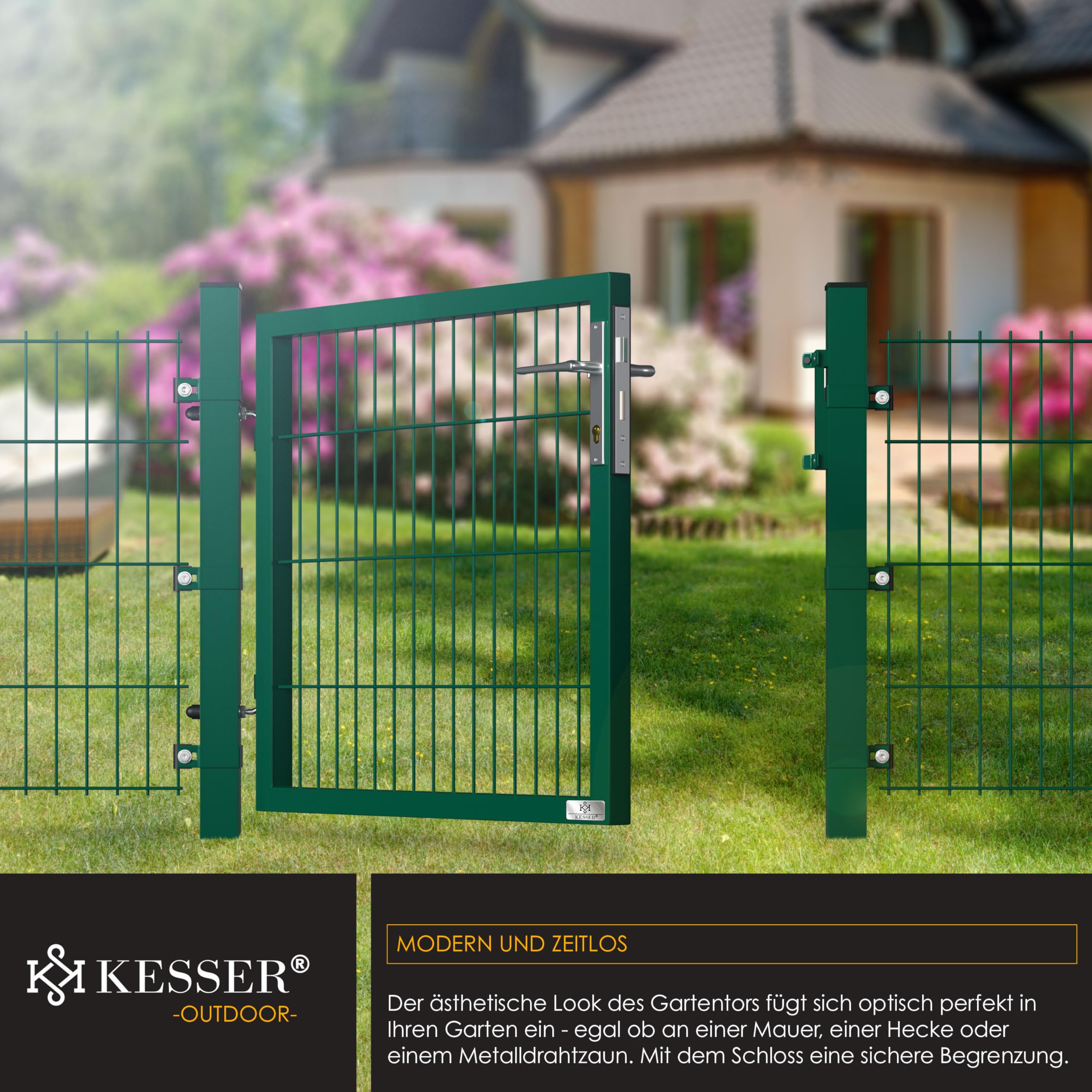 KESSER® Puerta de jardín de acero galvanizado de alta calidad, para jardín, con estaca con cerradura y llave, 80 x 106 cm, color verde