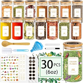 Spice Jars with Labels, 30Pcs 6oz Glass Spice Jars with Bamboo Lids, Minimalist Stackable Airtight Spice Containers with 426 labels for Kitchen Seasoning, Tea, Herbs, Coffee, Sugar,Shells