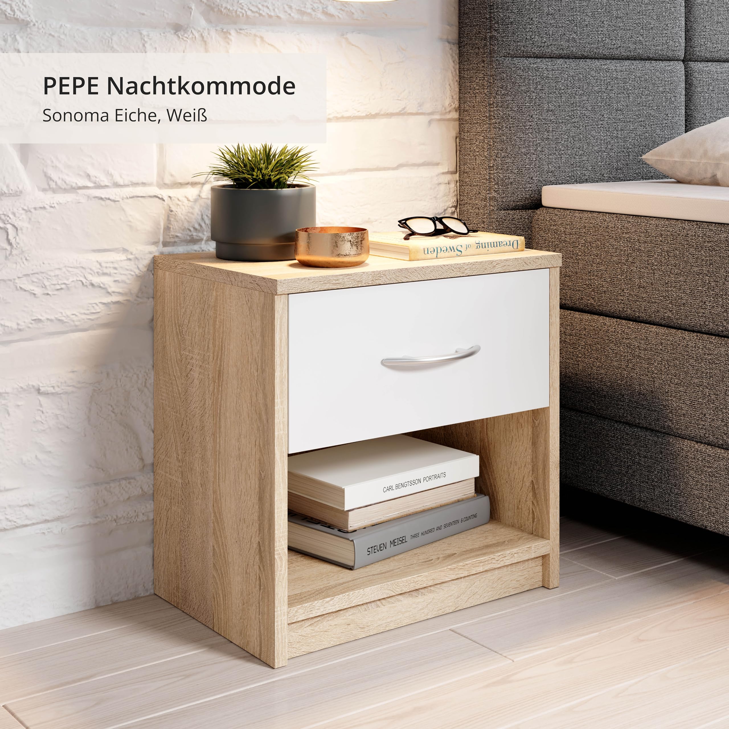 Stella Trading PEPE Table De Chevet, Aspect Chêne Sonoma, Blanc, Table De Nuit Sobre Avec 1 Tiroir, Convient Pour Tout Lit Et Toute Chambre, 39 x 41 x 28 cm (L/H/P)