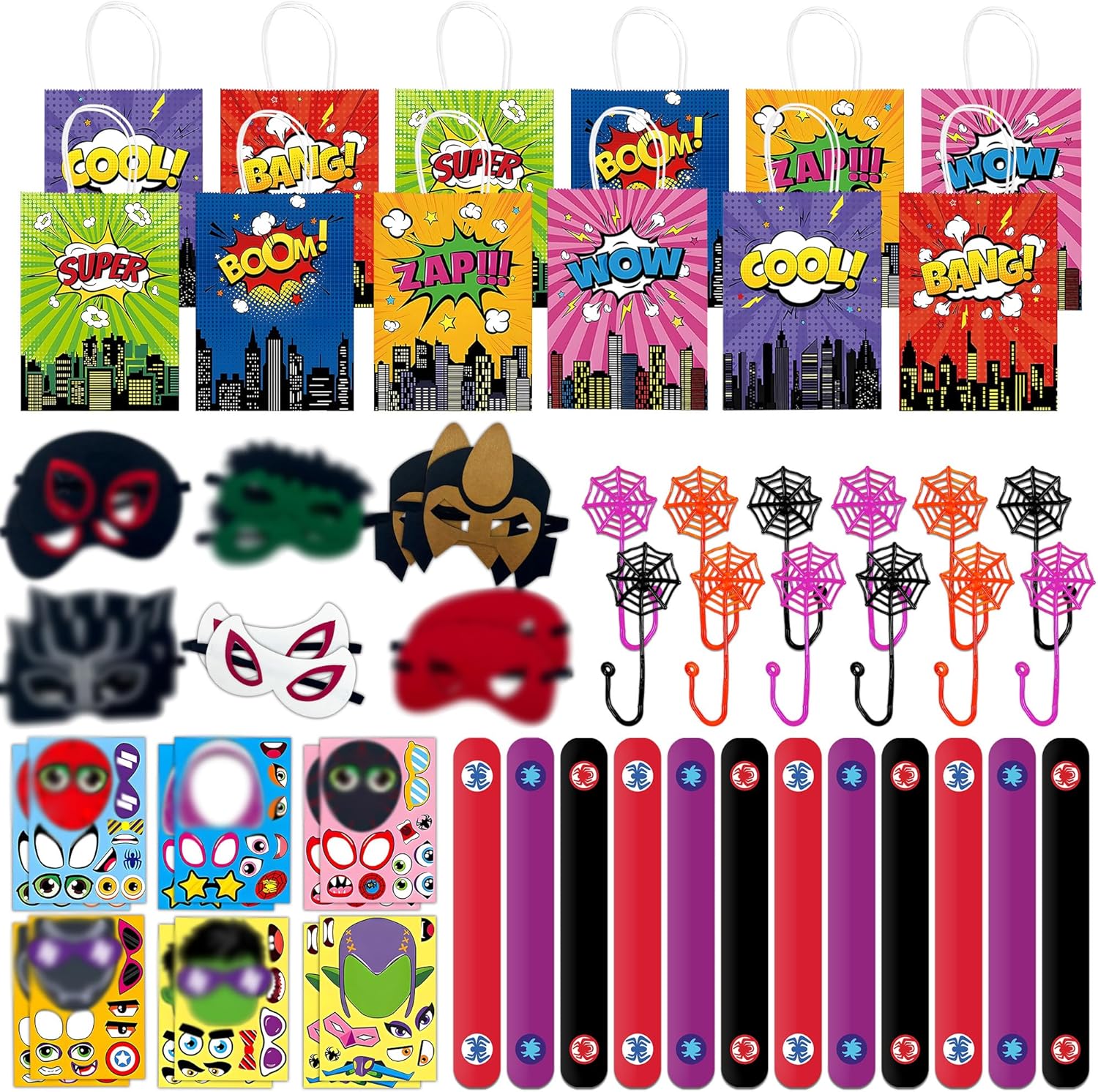 60Pcs Superhero Party Favor for Kids Birthdays, Gifts for Boys-Girls and Amazing Friends, Action Hero Supplies, Spider Decorations, Includes Masks, Slap Bracelets, Bags, Stickers, Sticky Web