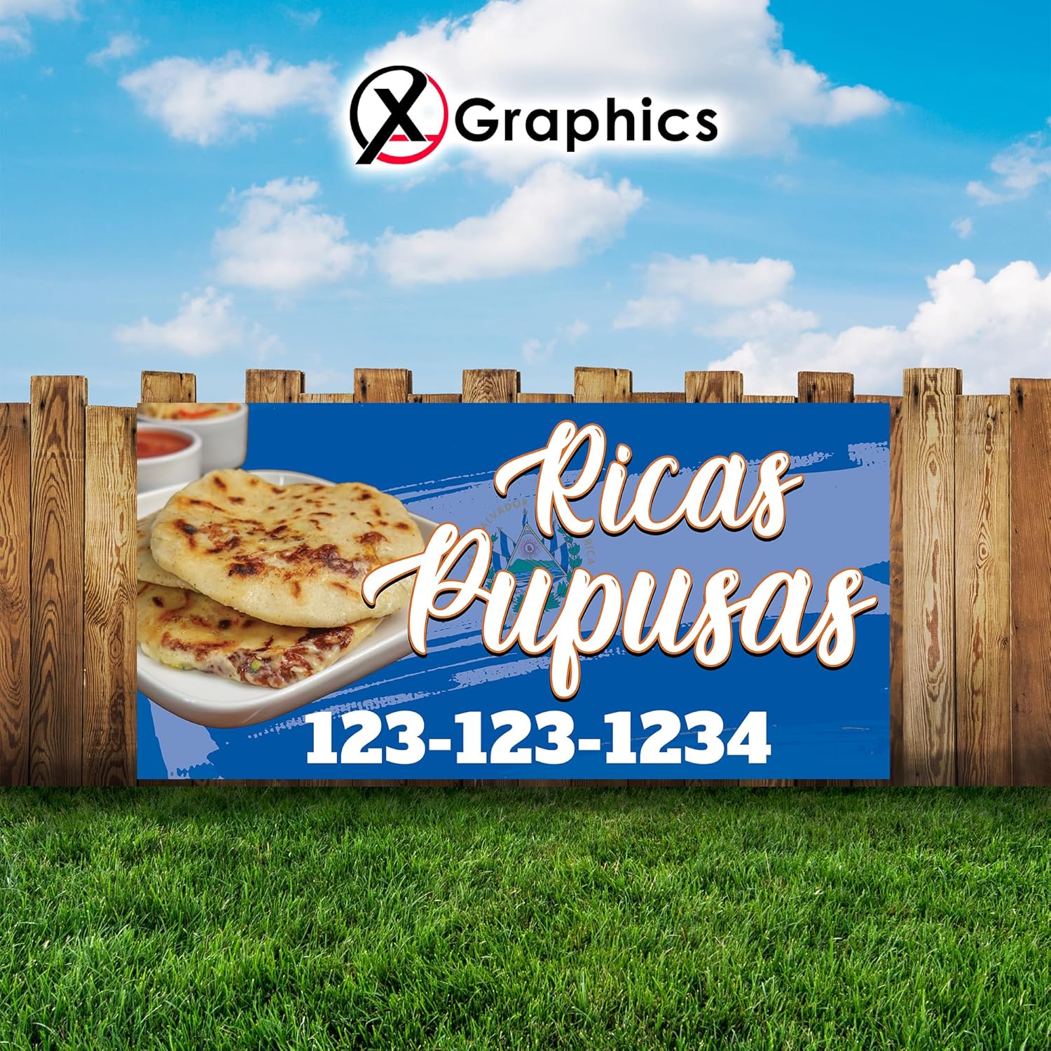 Pupusas Banner Custom Phone Number | Heavy-Duty Vinyl 1-Sided with Metal Grommets Pupusas Lona