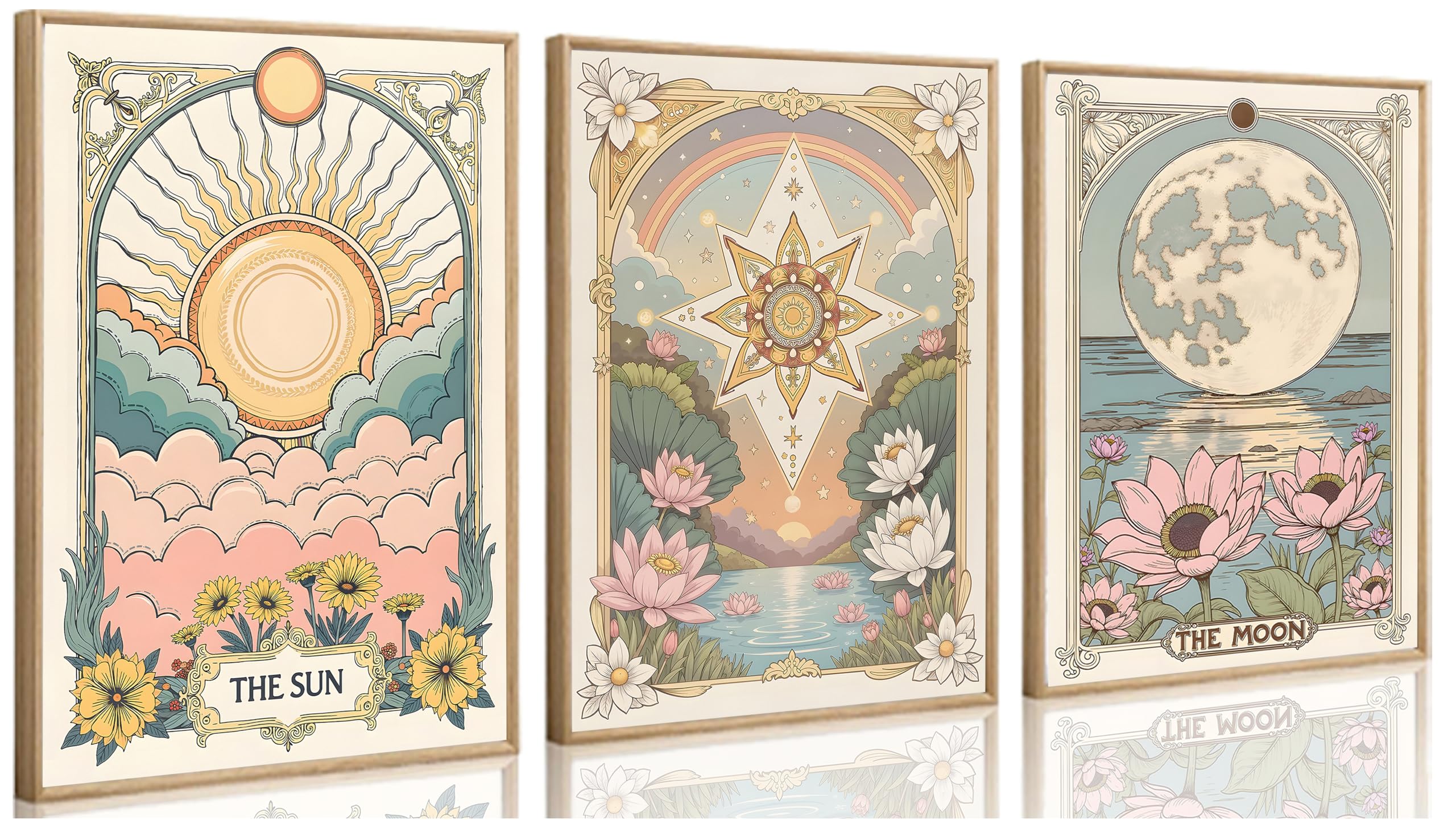 LMYSXAOZ 3Pcs Sun and Moon star Canvas Wall Art Tarot Crescent Picture Decor Wildflowers Painting Posters for Bedroom Living Room Home Unframed 12x18inch