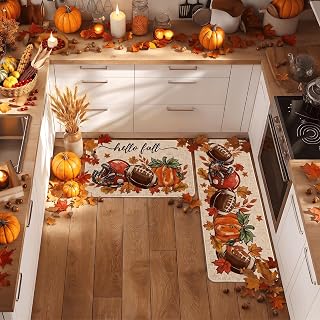 Artoid Mode Rugby Football Fall Kitchen Mats Set of 2-17x29+17x47 | Pumpkin Maple Leaves Autumn Home Decor Low-Profile Kitchen Rugs for Floor