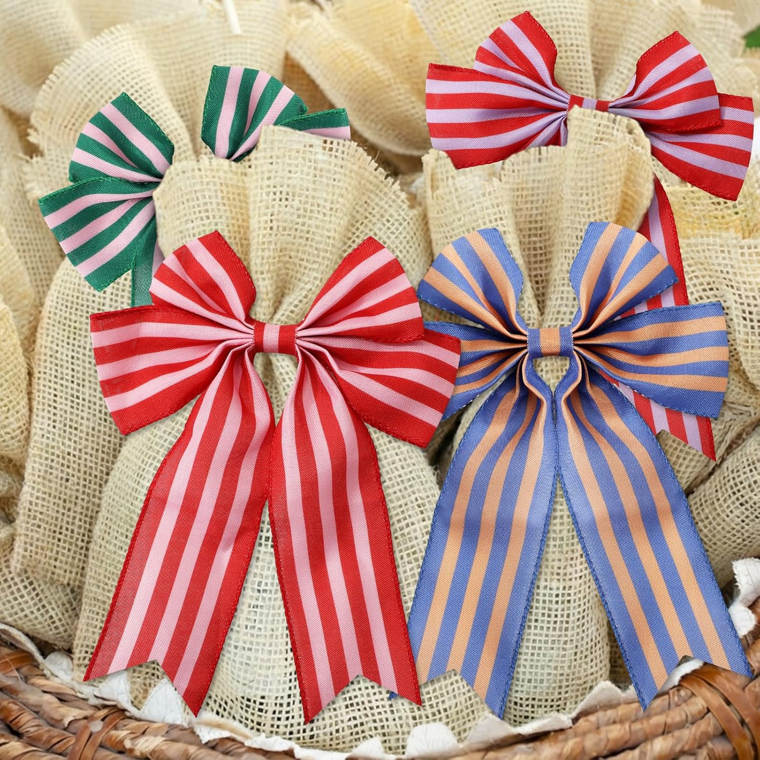 Whaline Summer Beach Stripe Wired Edge Ribbon 2.5 Inch Craft Ribbons Cabana Stripe Decorative Fabric Ribbon for DIY Crafts Wreath Bow Making, 4 Rolls, 24 Yard