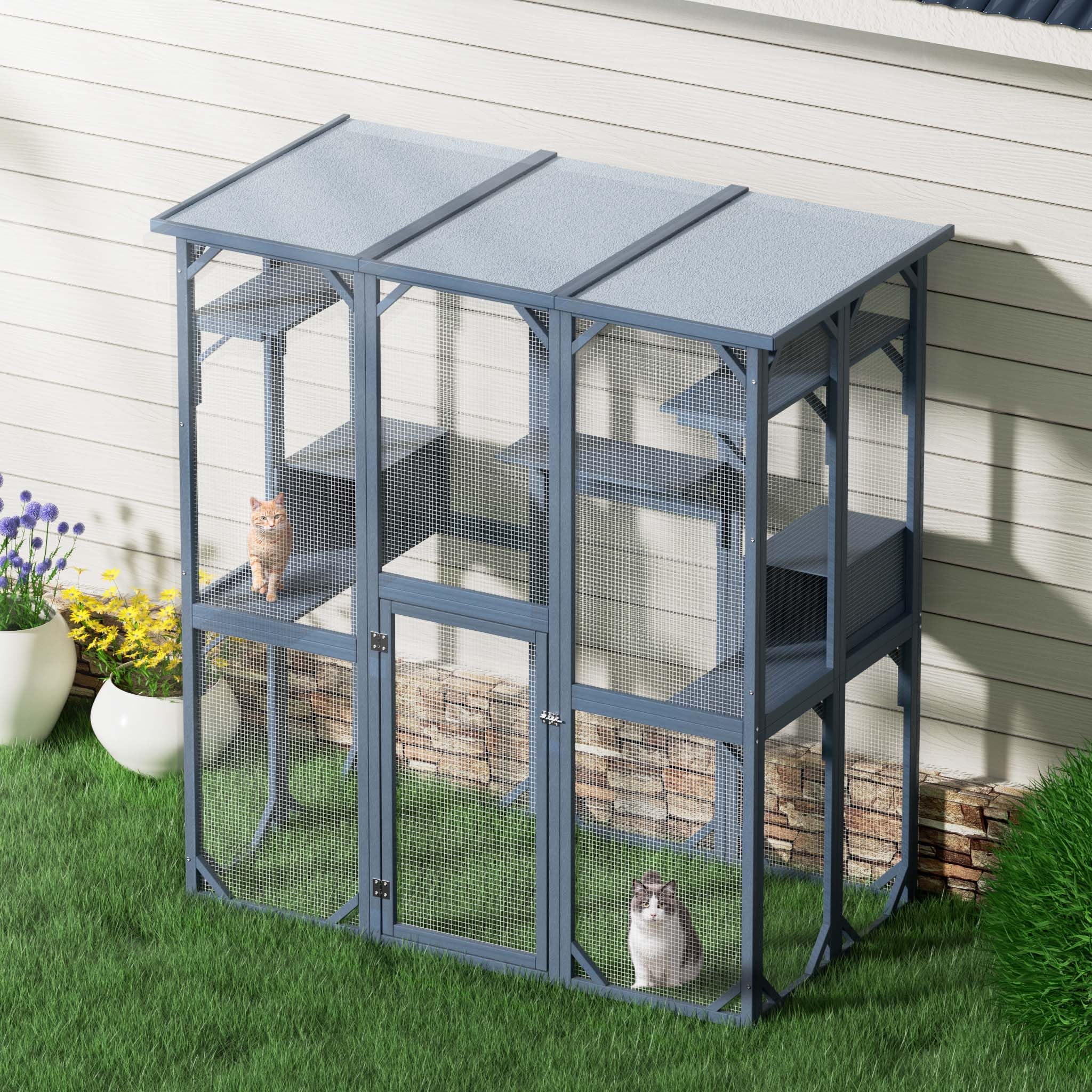 Wiltec Recinto per gatti da esterno 1705 x 925 x 1810 mm, recinzione antifuga in legno con tetto in asfalto, diversi livelli, per giardino, balcone, terrazzo