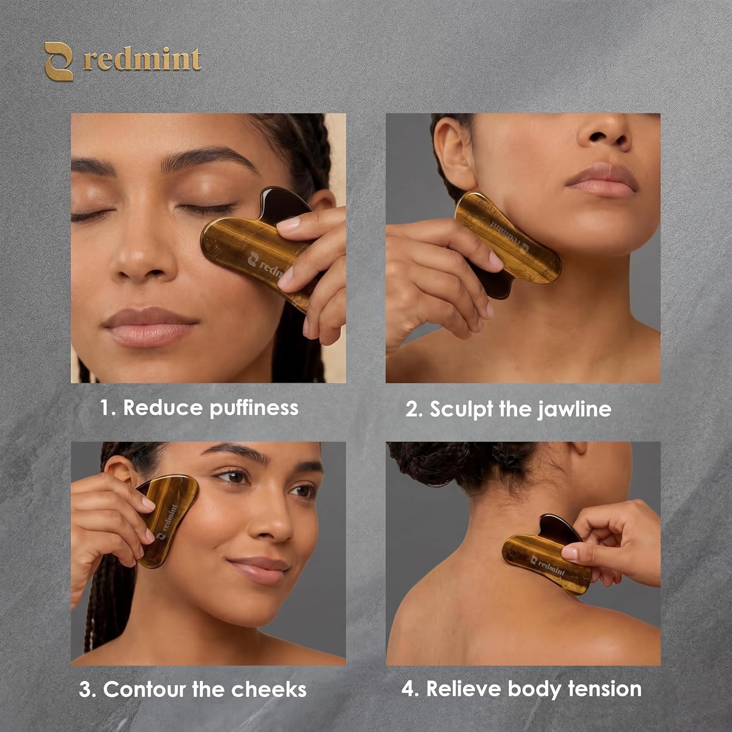 Redmint Tiger Eye Gua Sha Tool for Face | Rooted in Ancient TCM Wisdom | Rediscover Youthful Skin | Facial Massage Tools for Puffiness Reducing, Jawline Sculpting | Face Stone Gua Sha to Lift, Plump