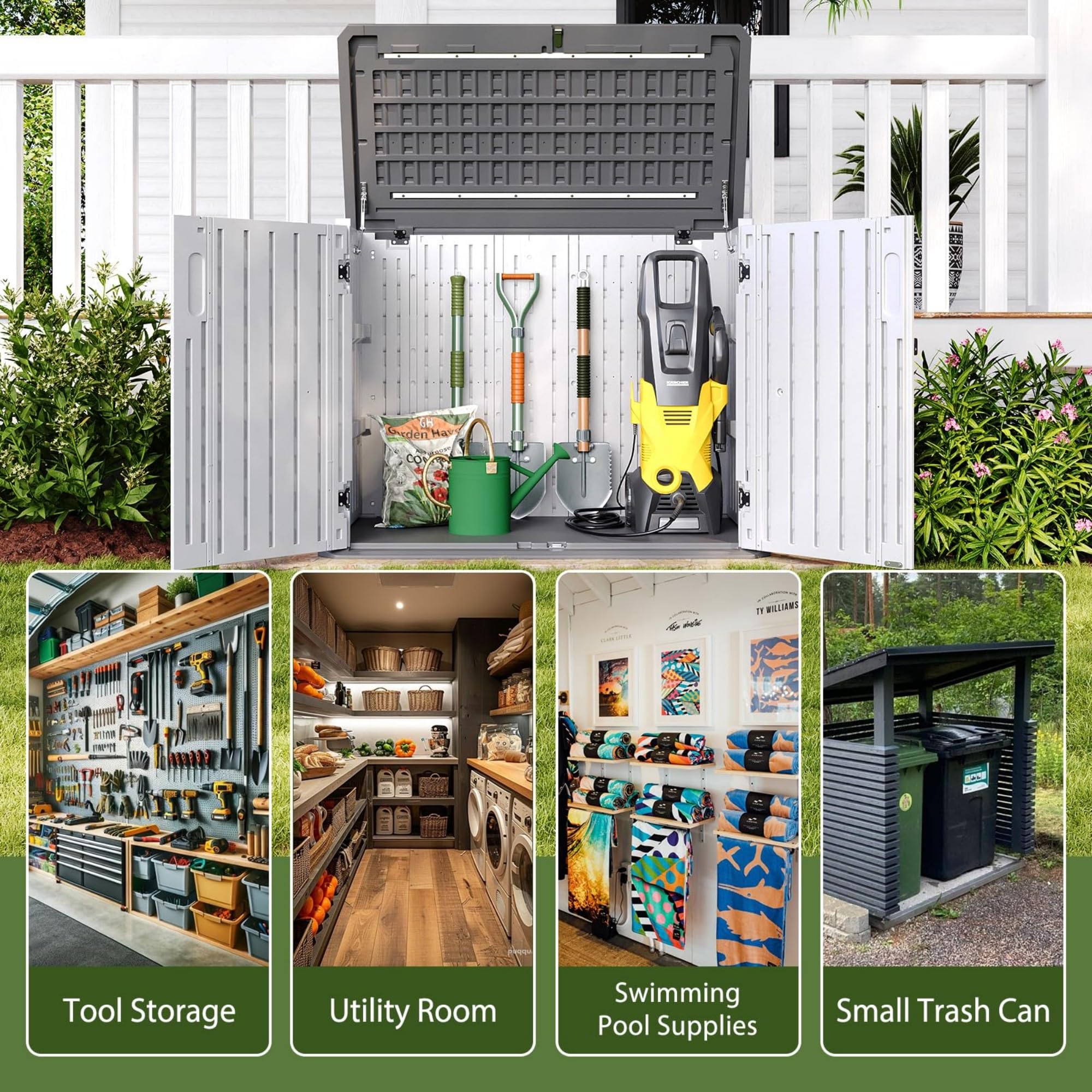 Aoxun 900L Resin Outdoor Storage Box, Waterproof Garden Tool Storage Cabinet with Anti-Topple Base, Heavy Duty Horizontal Wheelie Bin Shed Box for Patio, Backyard & Side Alley - 5