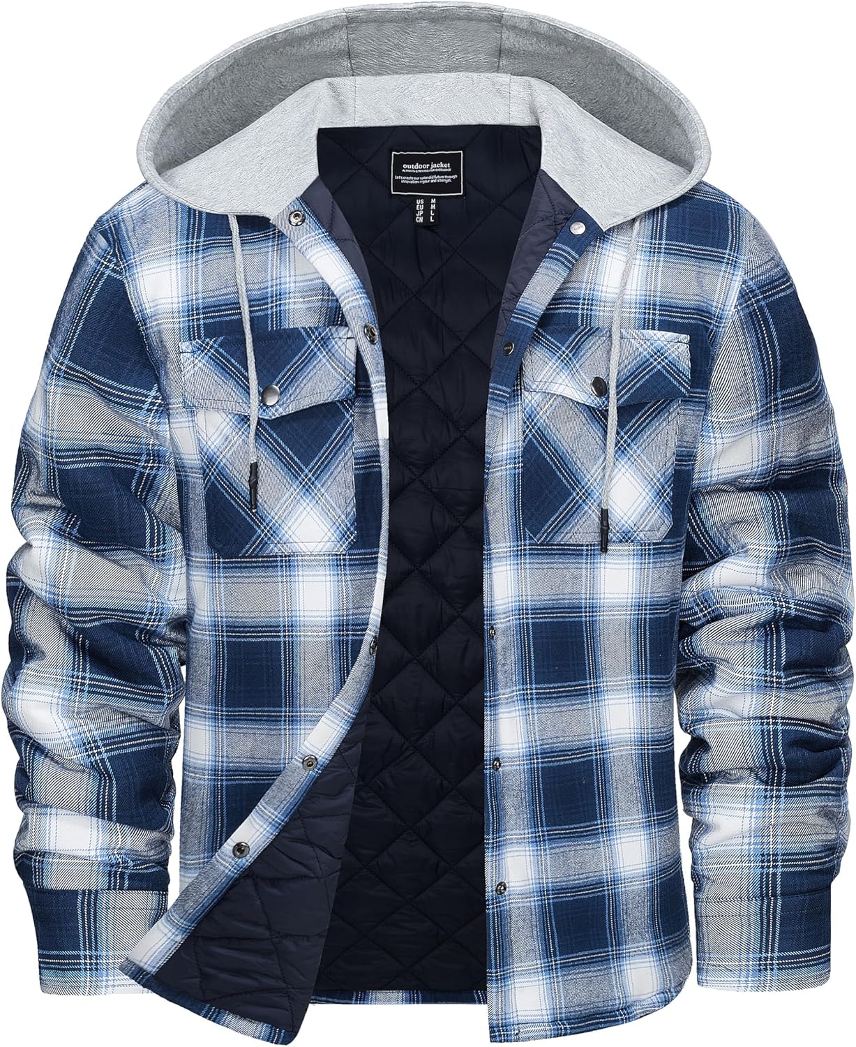 Cotrasen Mens Flannel Jackets Hooded Quilted Lined Long Sleeve Button Down Cotton Plaid Shirt Jacket Shacket Warm Winter Coat