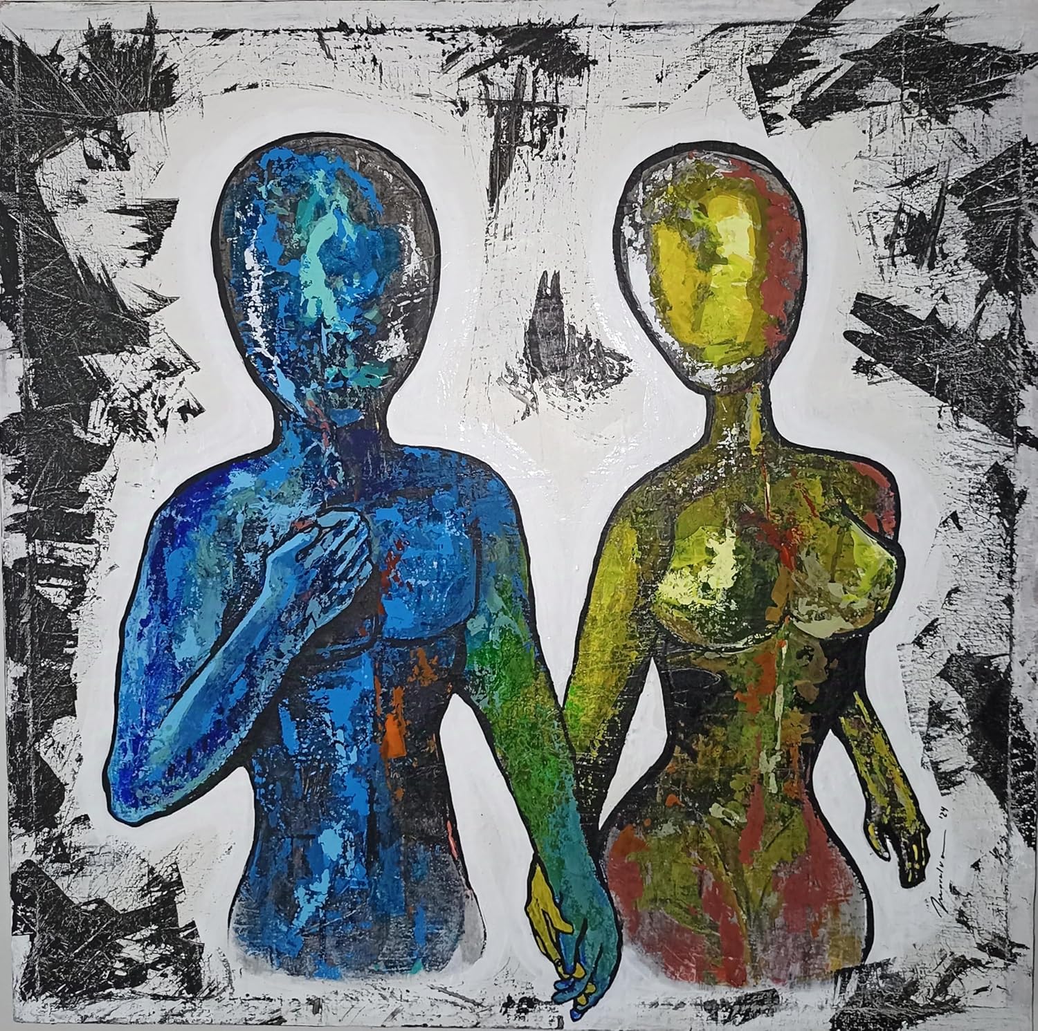 Mixed Media Painting on Canvas, Abstract Human Figures, Blue and Yellow