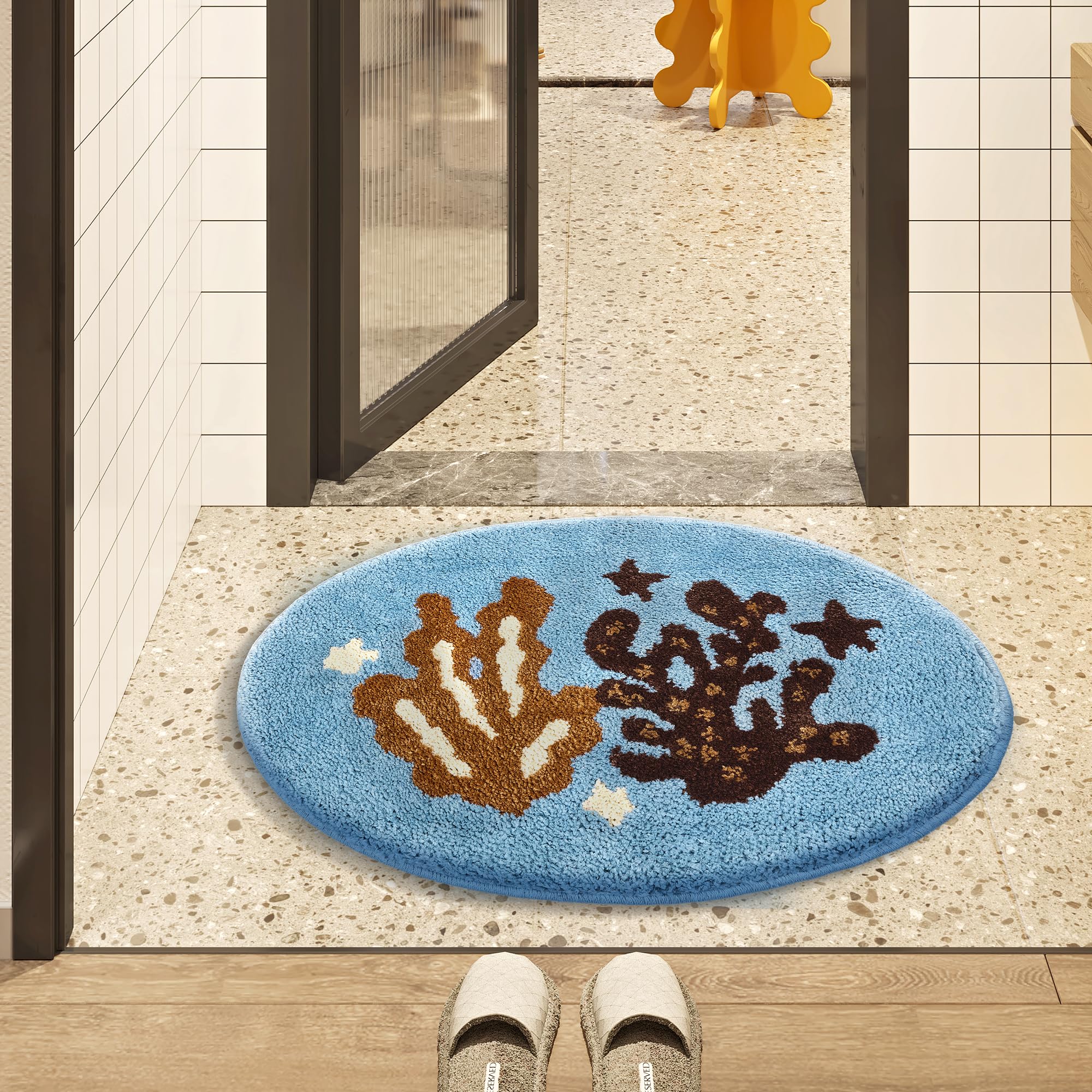 Beach Bathroom Rug - Ocean Wave Design With Starfish Shells, Soft Absorbent Bath Mat, Non-Slip, 20x32 Inch