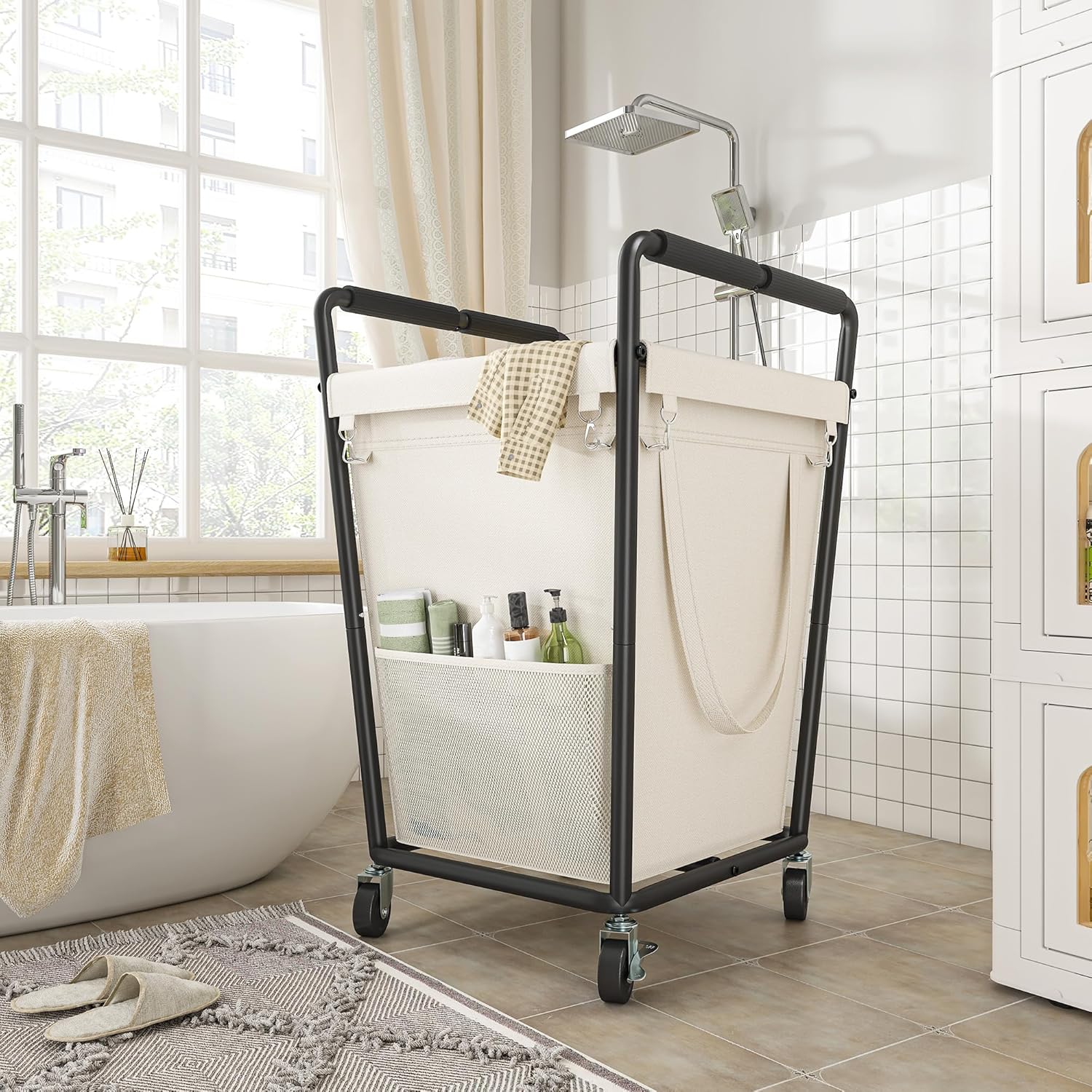 180L Laundry Basket with Wheels & Handles, Laundry Cart with Removable Bag & Metal Frame for Clothes Storage, Hamper with Wheels for Laundry Room, Bathroom, Dorm, Home, Closet (Beige)