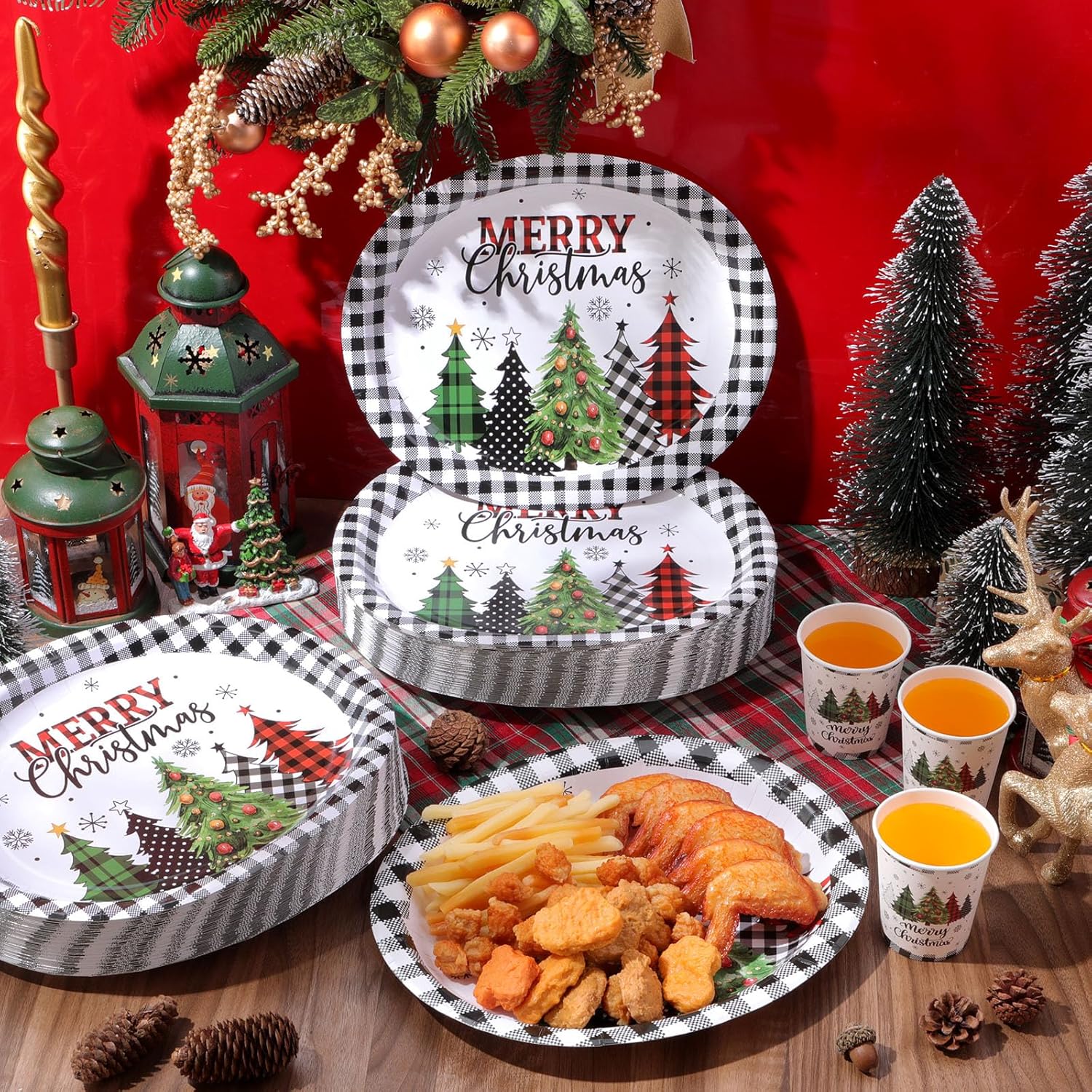 Hsei 100 Pcs Christmas Oval Paper Plates 10'' x 12'' Disposable Heavy Duty Dinner Plates with Christmas Tree Red Black Buffalo Plaid Platters for Holiday Xmas Dinnerware Table Decorations Supplies