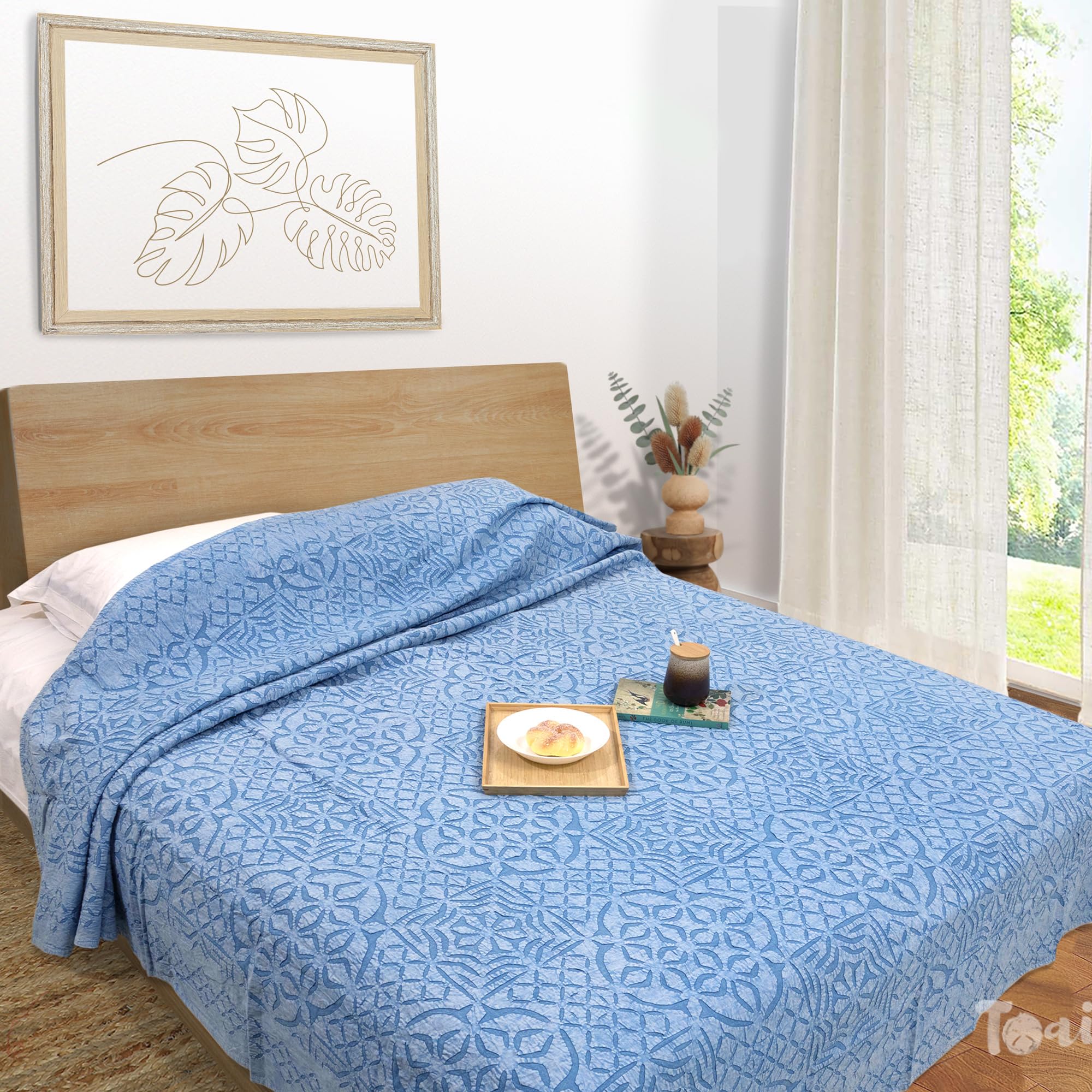 TOAIArt 100% Cotton Applique Bedcover | All Season Lightweight Bed Cover Bedspread Flatsheet Topsheet | Double Bed 90"x108" | 2 Layers Poplin and Sheeting| Handstitched | Stonewashed | Blue Shades-image-29