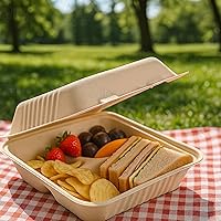Vista 5 de [Paquete de 50] Contenedor de alimentos compostable con bisagras de 9 pulgadas y 3 compartimentos, bagazo de caña de azúcar, sin árboles
