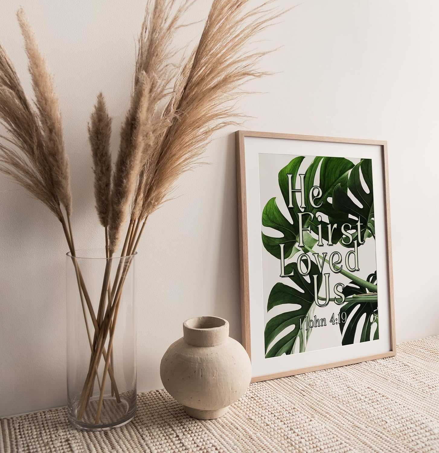 Boho Botanical Bible Verse Photography Prints, Unframed, Set of 3, 1 Corinthians 13:9, 1 Corinthians 16:14, 1 John 4:19, Bohemian Plant Home and Wall Room Decor (16x20)