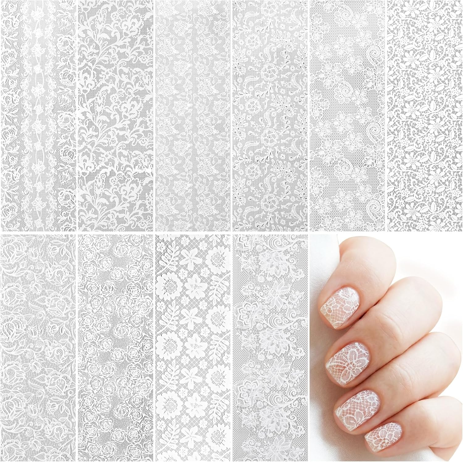 SmallCat 10 Pcs Lace Nails Stickers, Manicure Wraps Decoration for Women, Nail Transfer Foil, Nails Foils, Transfer Nail Art for Acrylic Nails (Black, White, Style 1)