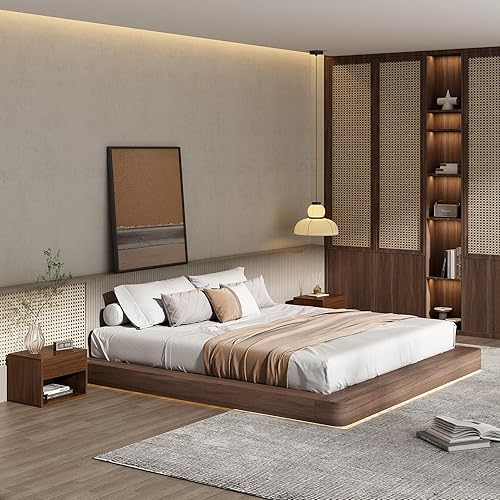 Miniatura 4 de JAXPETY Juego de 2 mesitas de noche, mesita de noche con cajón, mesita de noche flotante con estante de almacenamiento abierto, mesitas de noche de