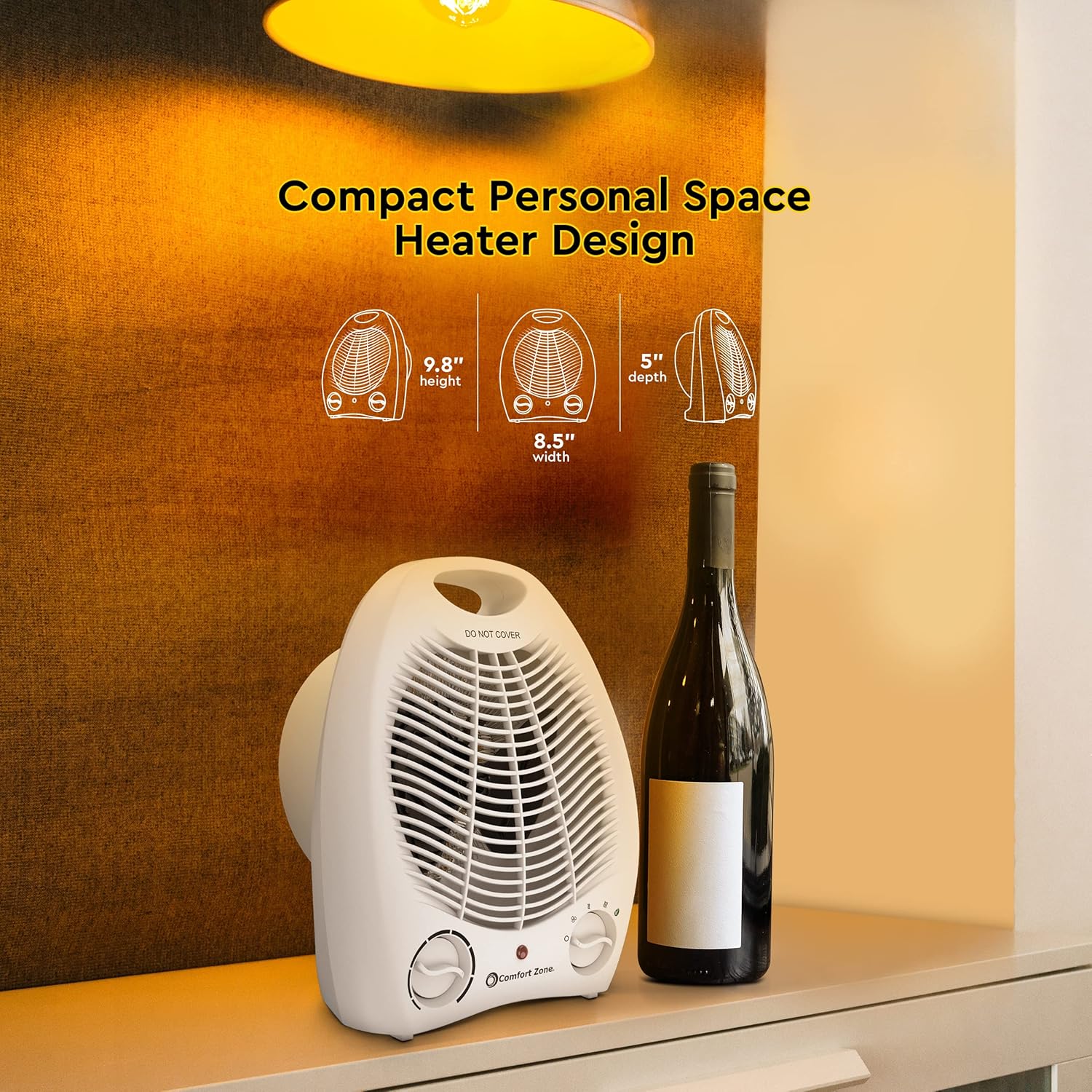 Comfort Zone 1,500W Portable Electric Fan-Forced Space Heater with Adjustable Thermostat, Overheat Sensor, Tip-Over Switch & Heat-Resistant Housing – Ideal for Home, Bedroom & Offi...