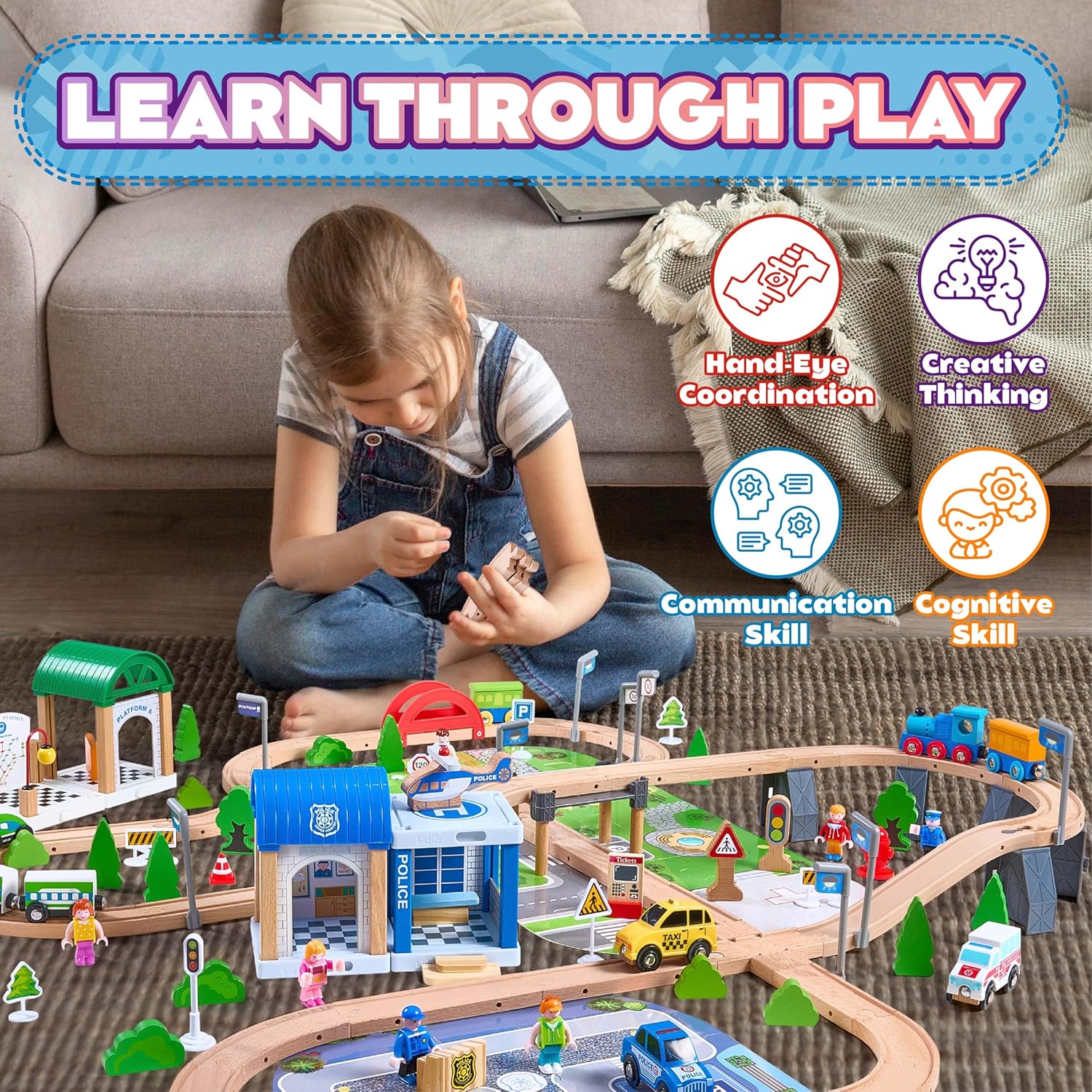 172Pcs Wooden Train Set for Toddlers, Wooden Train Track - Expandable and Changeable, Safe Educational Train Toys Gift for Boys & Girls Kids Ages 3-5 4-8, Compatible with All Major Brands