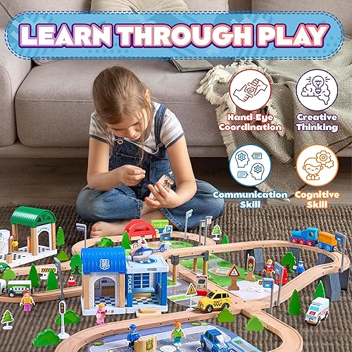 Miniatura 6 de Juego de tren de madera de 172 piezas para niños pequeños, pista de tren de madera, expandible y cambiable, juguetes educativos seguros, regalo para