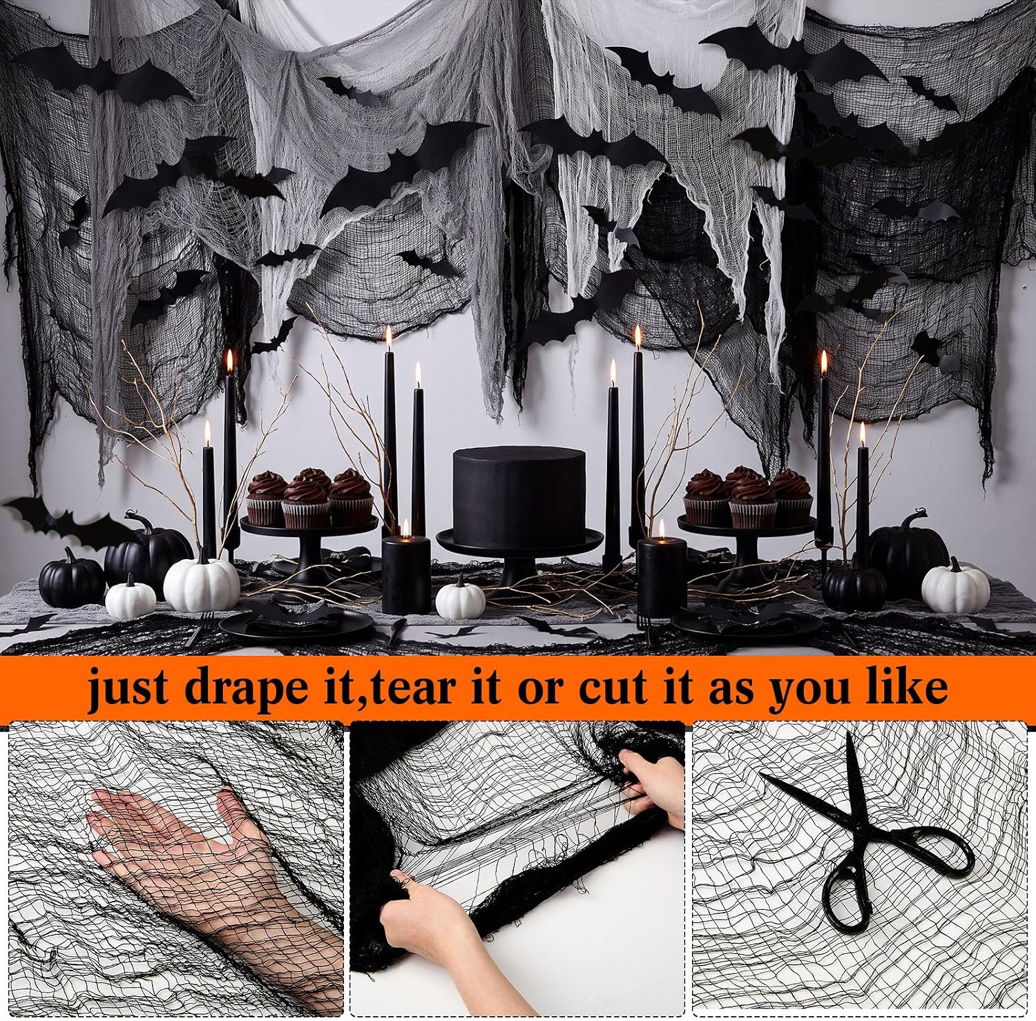 Halloween Creepy Cloth 100 Pcs 3D Bat Sticker, Black,White,Grey