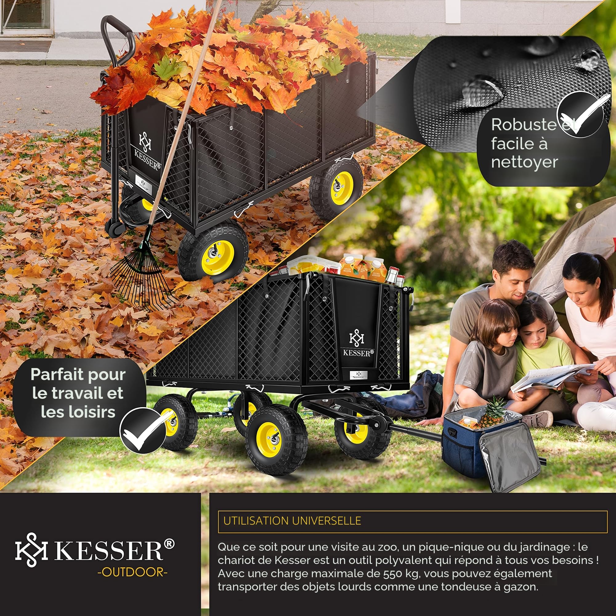 KESSER® Chariot de Transport 550 kg - Transport, Jardinage, Outils - Bras Nouveau - Noir