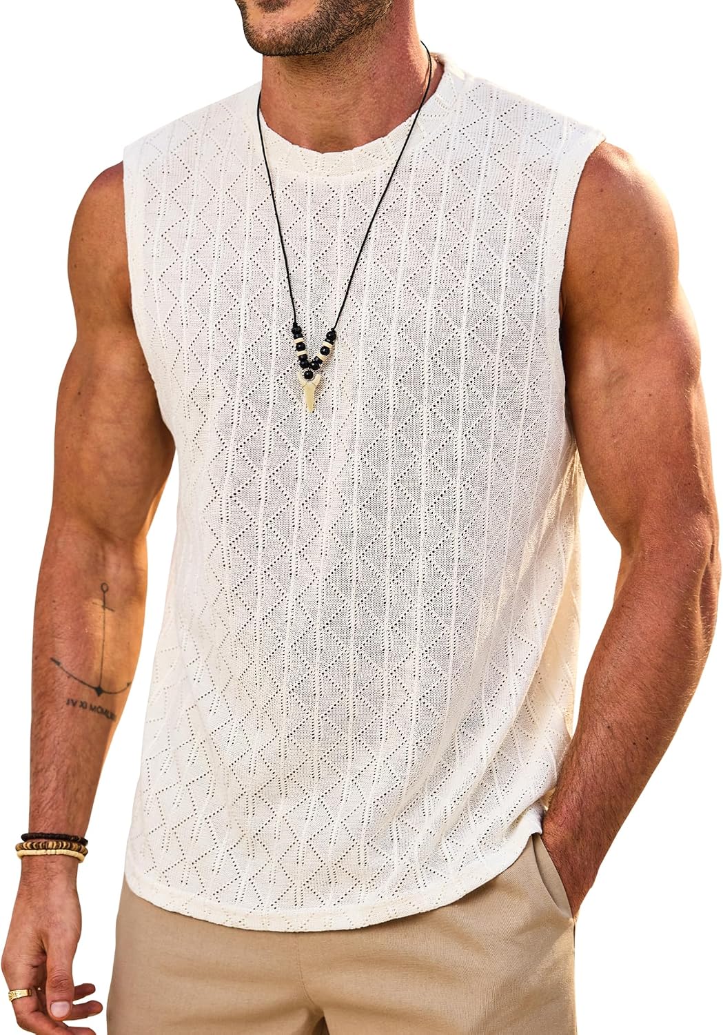 Mens Knit Textured Tank Top Summer Vacation Breathable Sleeveless Shirt (S-XXL)