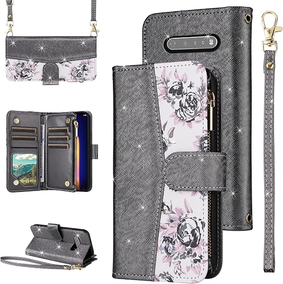 LG V60 ThinQ V60ThinQ 5G G9 Thin Q Floral Wallet Case Flip Zipper Purse Wrist Strap Shoulder Strap Luxury Glitter Card Holder Stand Phone Cover for LGV60V 60 60ThinQ 60V for Women Black