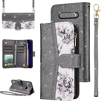 LG V60 ThinQ V60ThinQ 5G G9 Thin Q Floral Wallet Case Flip Zipper Purse Wrist Strap Shoulder Strap Luxury Glitter Card Holder Stand Phone Cover for LGV60V 60 60ThinQ 60V for Women Black