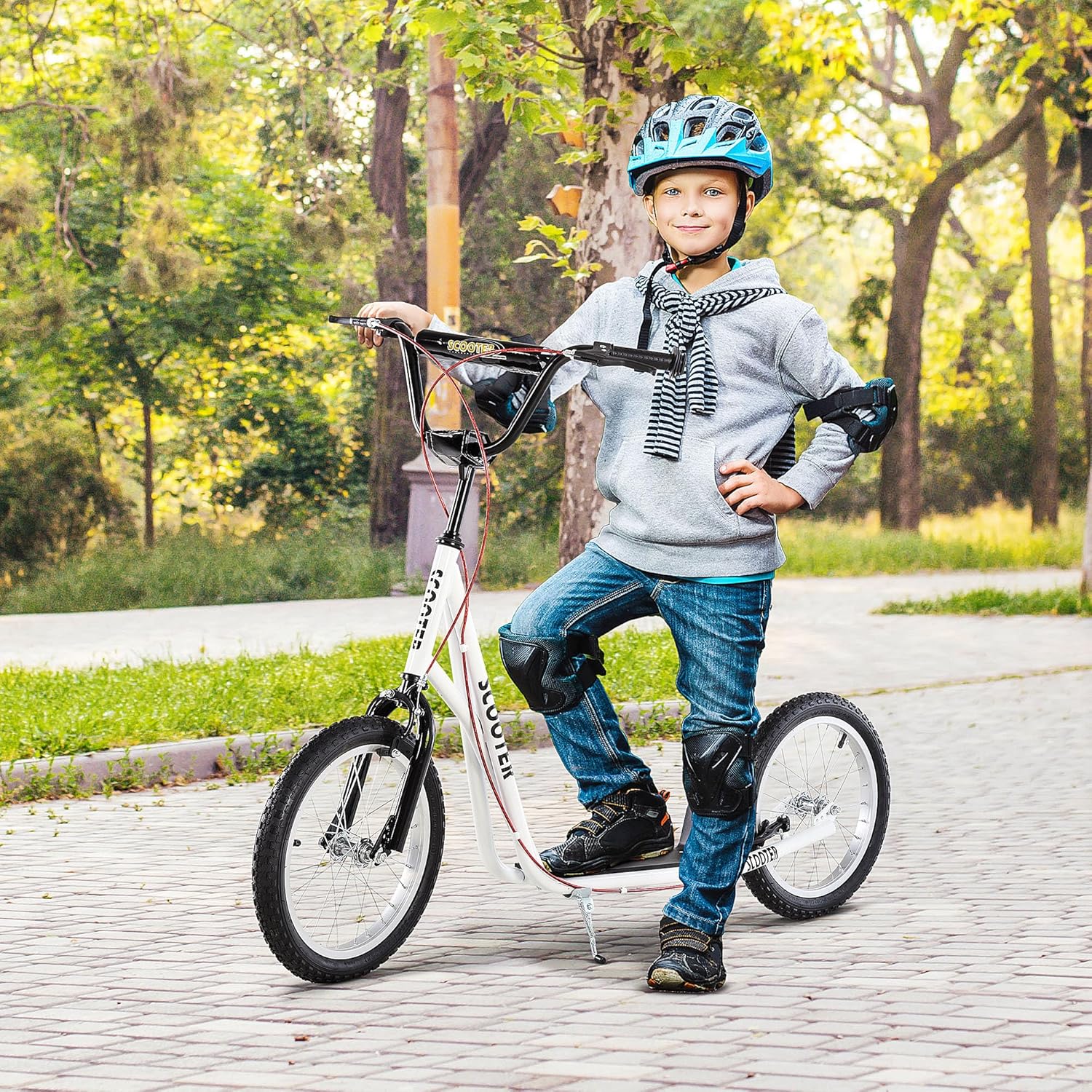 Aosom Youth Scooter Kick Scooter for Kids 5+, Max Load 220 LBS., with Adjustable Handlebar, 16" Inflatable Wheels, Dual Brakes