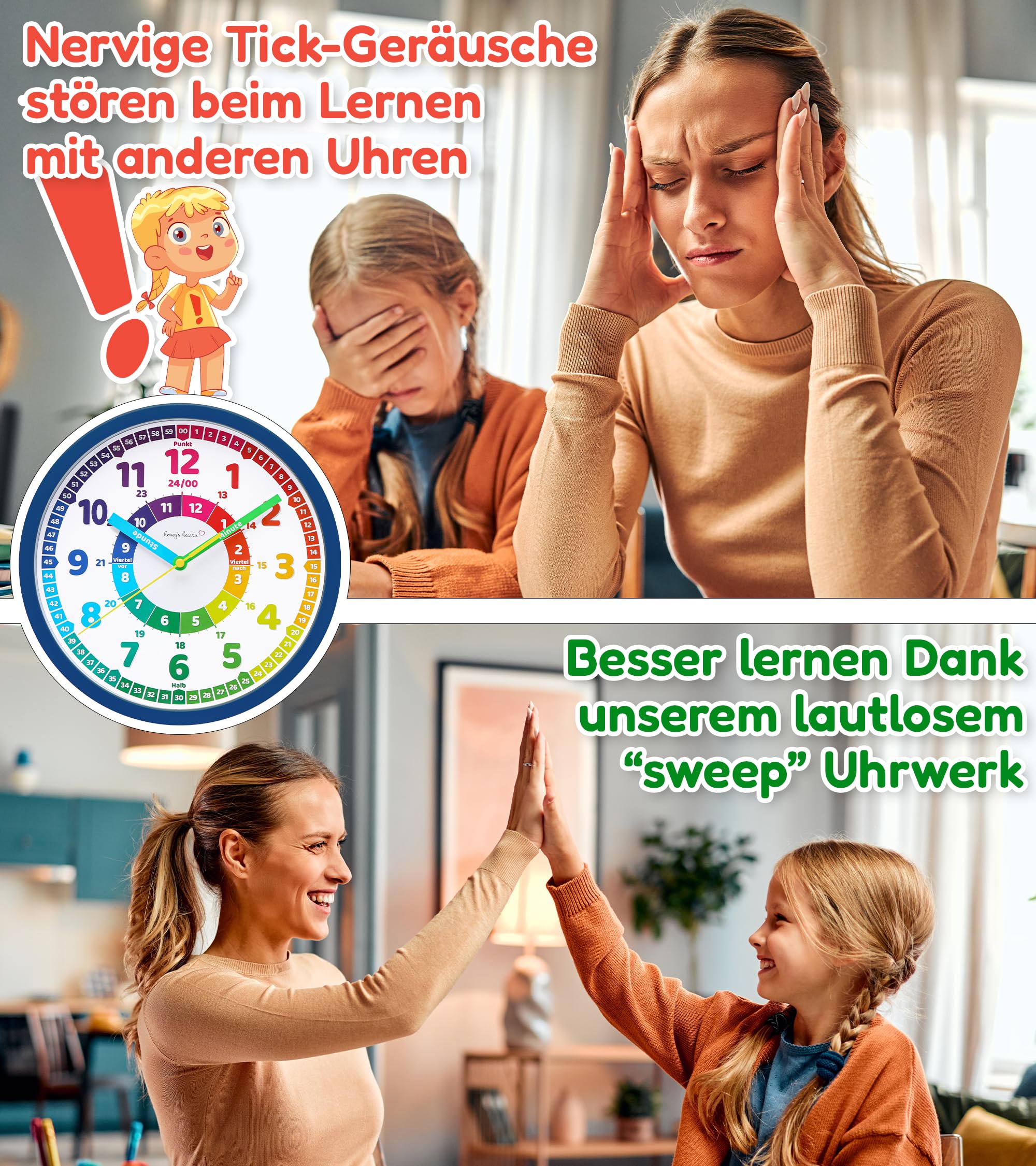 Honey's Heaven Wanduhr für Kinder - Lernuhr zum Lernen der Uhrzeit - analoge Kinderuhr ohne Tick Geräusche, mit lautlosem Uhrwerk - Kinderzimmer Deko für Jungen und Mädchen (Dunkelblau)