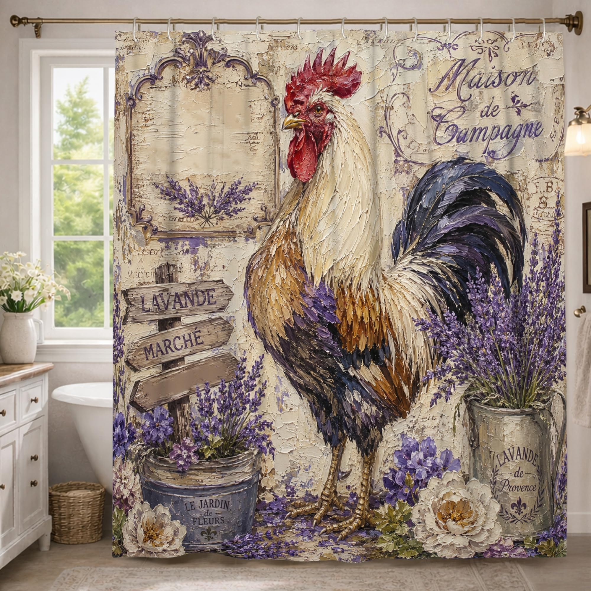 Rideau de douche extra long au motif de coq et lavande pour une ambiance de printemps nature