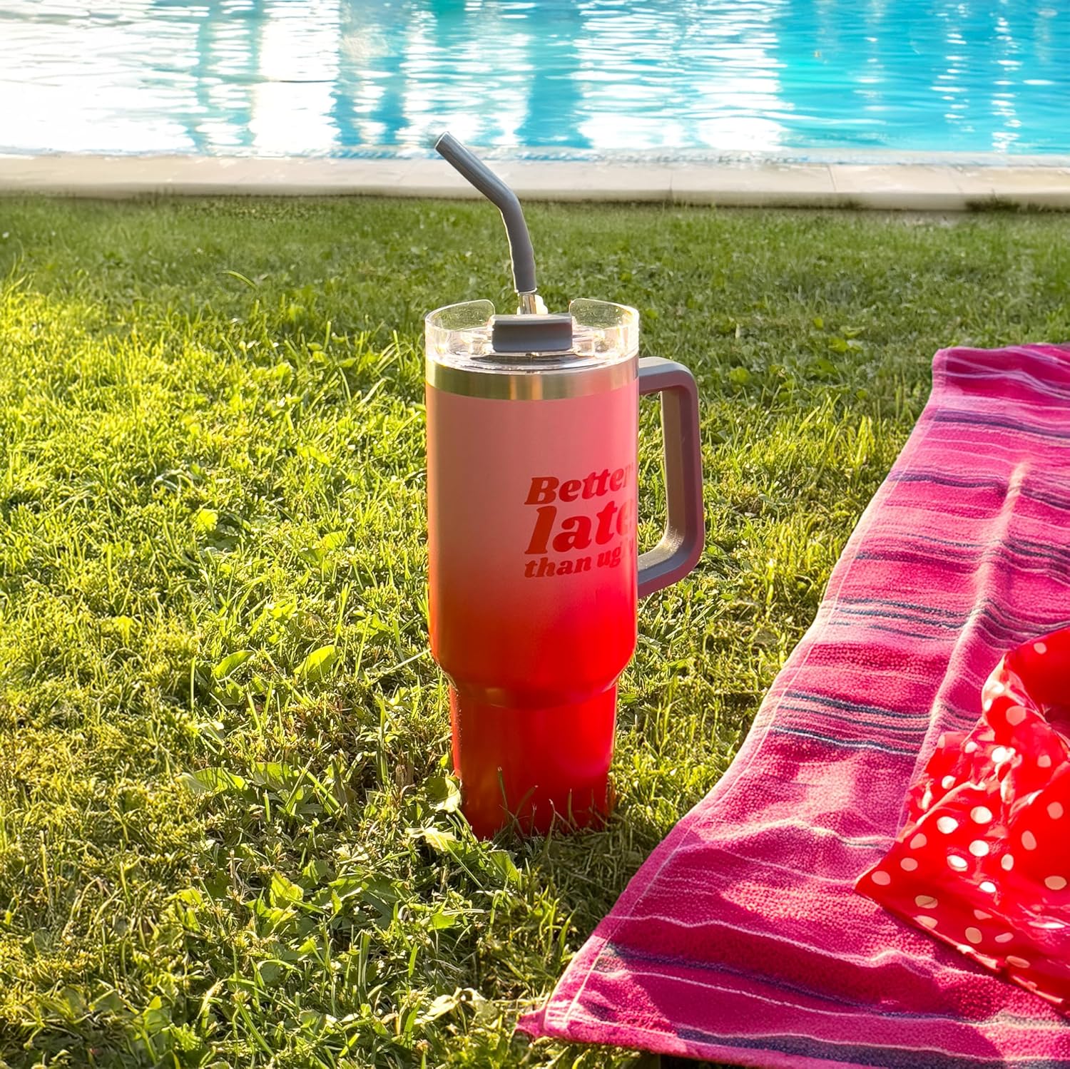 Fisura Thermal Water Bottle 1.2 Litre "Better Late" Large Pink Thermal Bottle BPA Free Cold for 24 Hours Hot for 12 Hours Straw Included 9.8 x 27.8