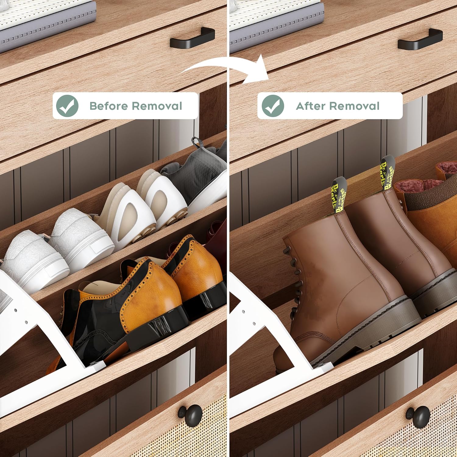 Diagram illustrating footwear compatibility within the flip drawers, showing how the middle shelf can be removed to fit larger shoes. Maximum shoe size UK9, EU42 is indicated.