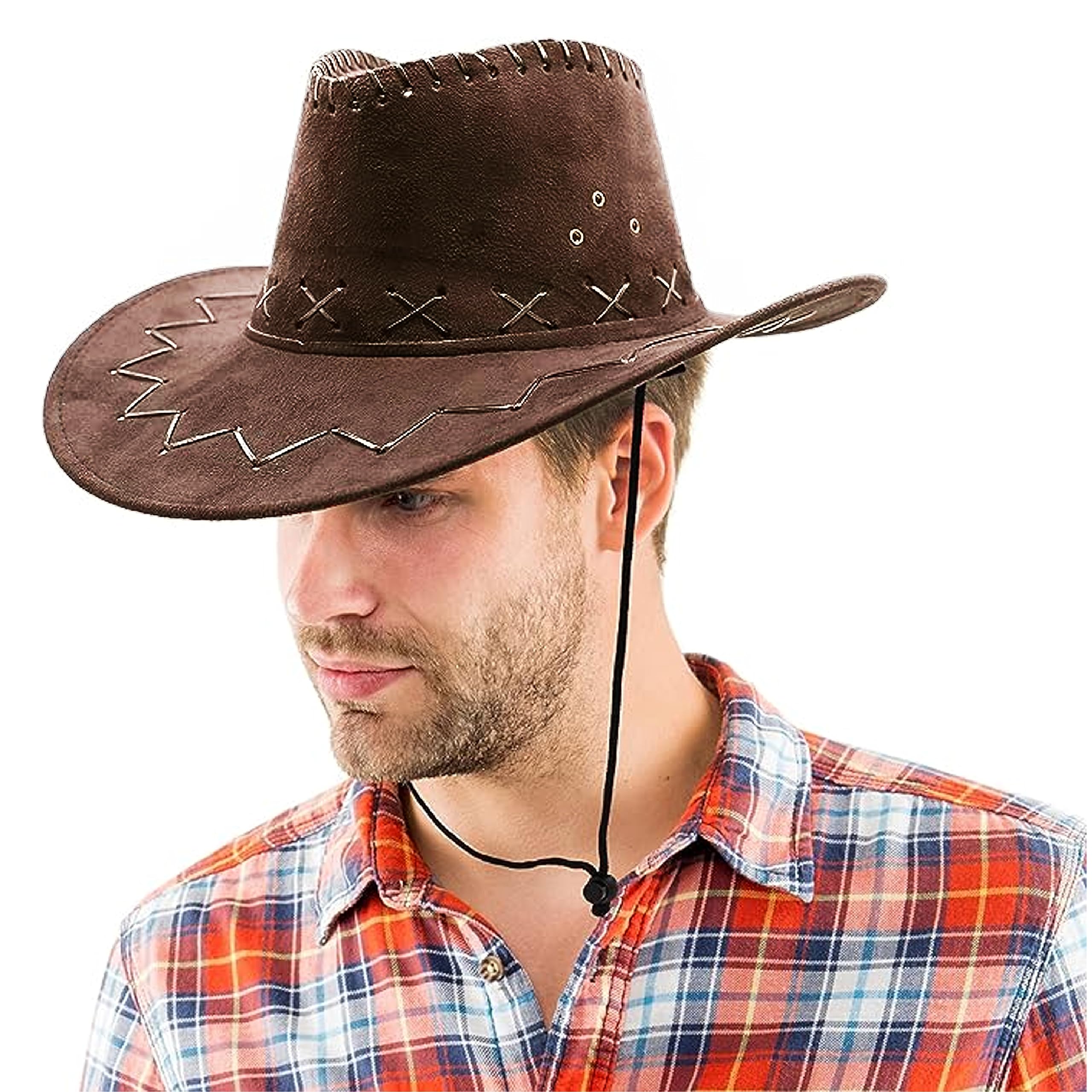 Brown Cowboy Hat - Faux Suede with Cross Hatch Stitching Detail and Draw String - Wide Brim Cowboy Hat Fancy Dress Costume Accessory - Pack of 3