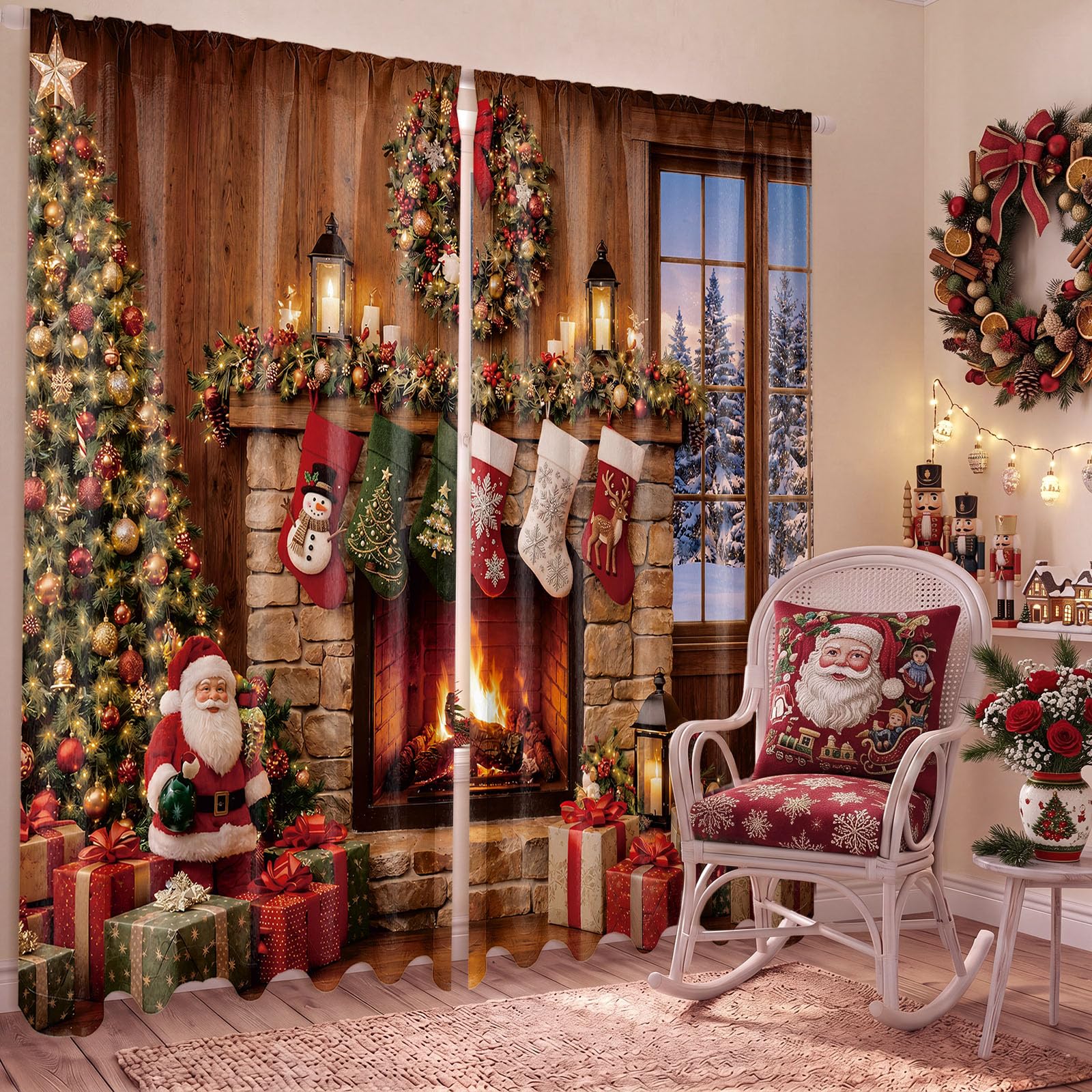 SmoothNovelty 2 Pcs Christmas Curtain for Living Room Fireplace Santa Claus