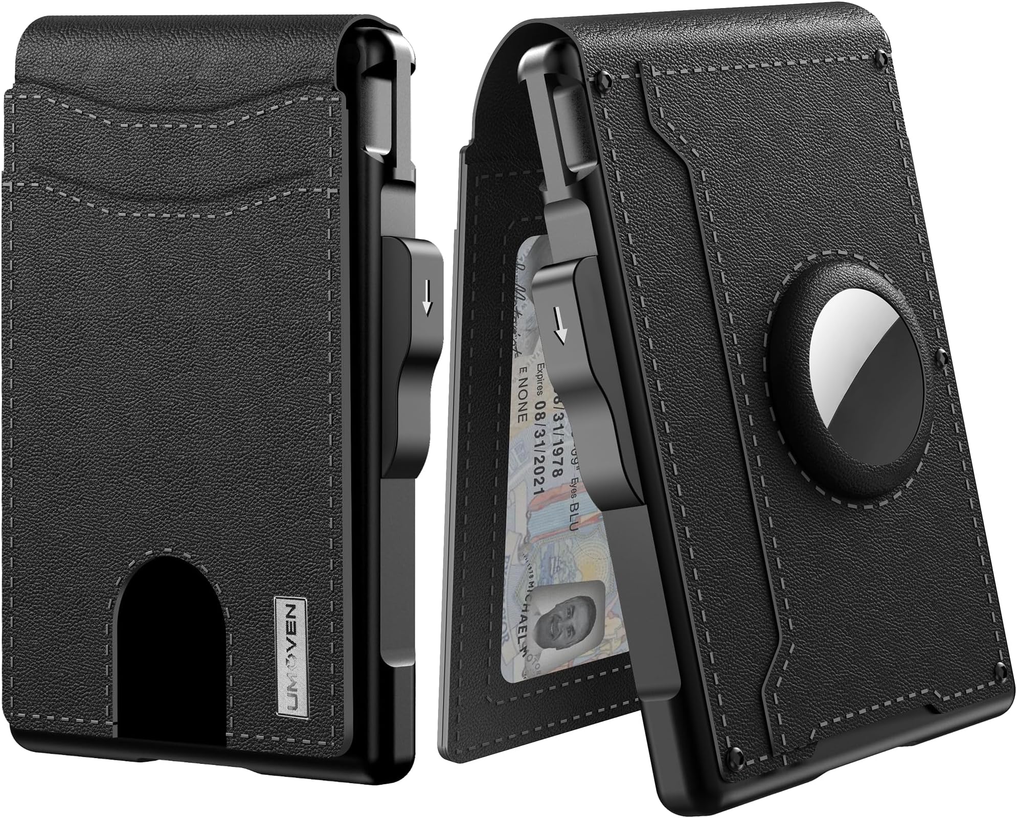 umoven AirTag 財布 メンズ - ポップアップ式アルミケース マネークリップ スリム レザースロット クレジットカードホルダー RFIDブロック 二つ折り ミニマリスト財布 ギフトボックス付き (ブラック)