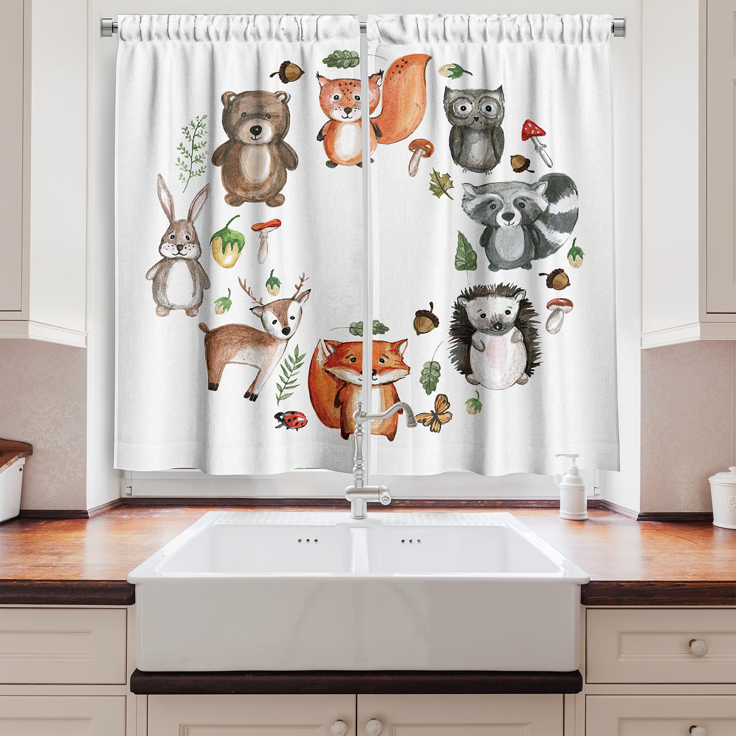 Lunarable Woodland Long Kitchen Curtains, Animals of The Forest Mushrooms Acorns Circular Frame Cartoon Pastel Colors, Two Panels Drapes with Rod Pocket Room Decor, 55