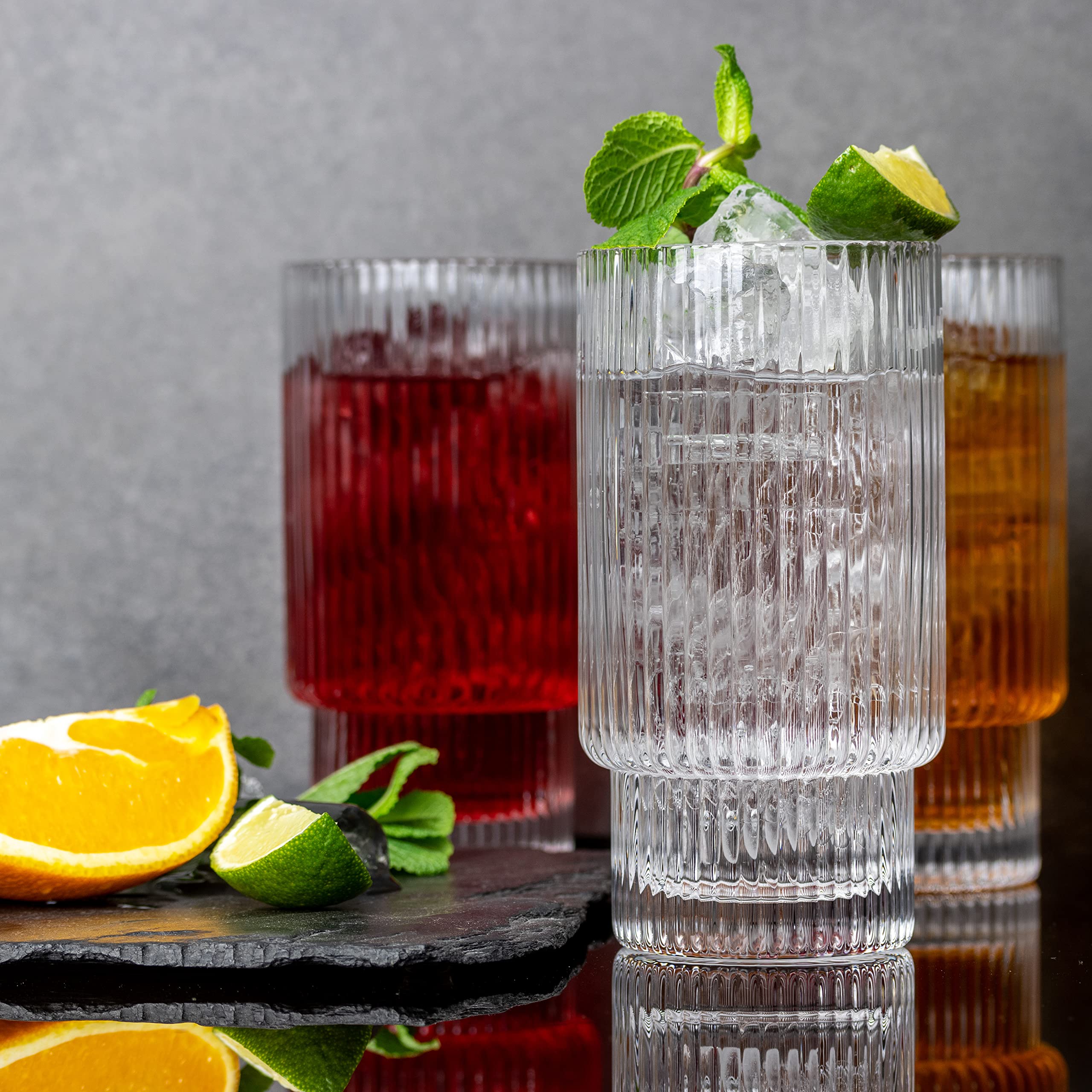 Huge Estate 16OZ Ribbed Glassware, Luxurious Glass Drinking Cups with Matching Straws â€“ Vintage Drinking Glasses for Water Iced Coffee Smoothie Juice â€“ 4pcs Ribbed Glasses