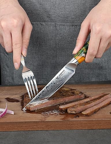 Miniatura 2 de Xuan - Juego de 4 cuchillos para carne, ultra afilados, no dentados, de 5 pulgadas, mango de acero de damasco y resina, serie Xuan (naranja fantasía)