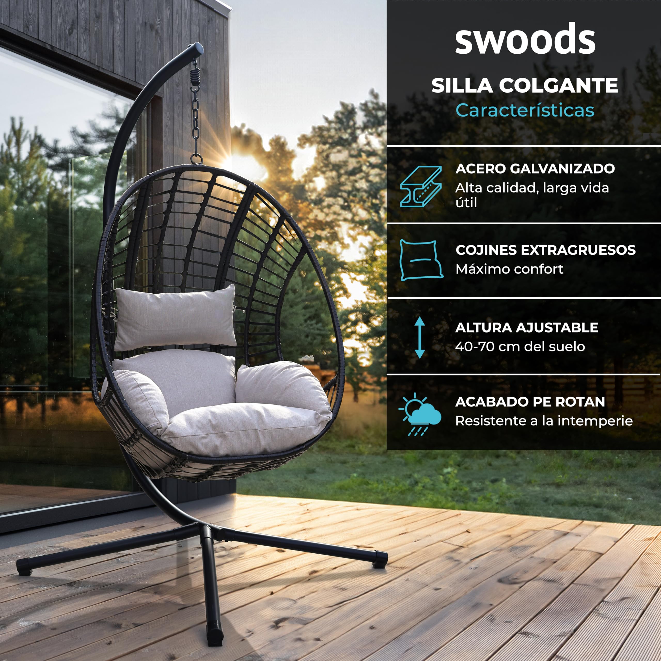 Swoods XXL Silla Colgante de Jardín - para Interior y Exterior - Silla Colgante con Base - Incluye Cojines y Funda Protectora- Resistente a la Intemperie - Carga máxima 150 kg (Gris Claro)