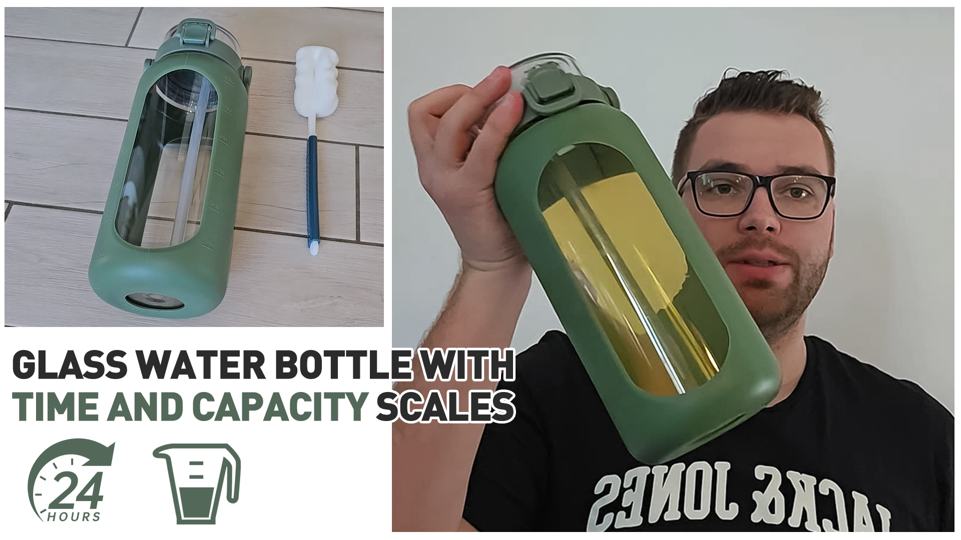 BLUEGO 2L Glasflasche Mit 2 Deckeln – Klappdeckel & Ausgießer, Mit Strohhalm & Zeitmarkierungen, Grün
