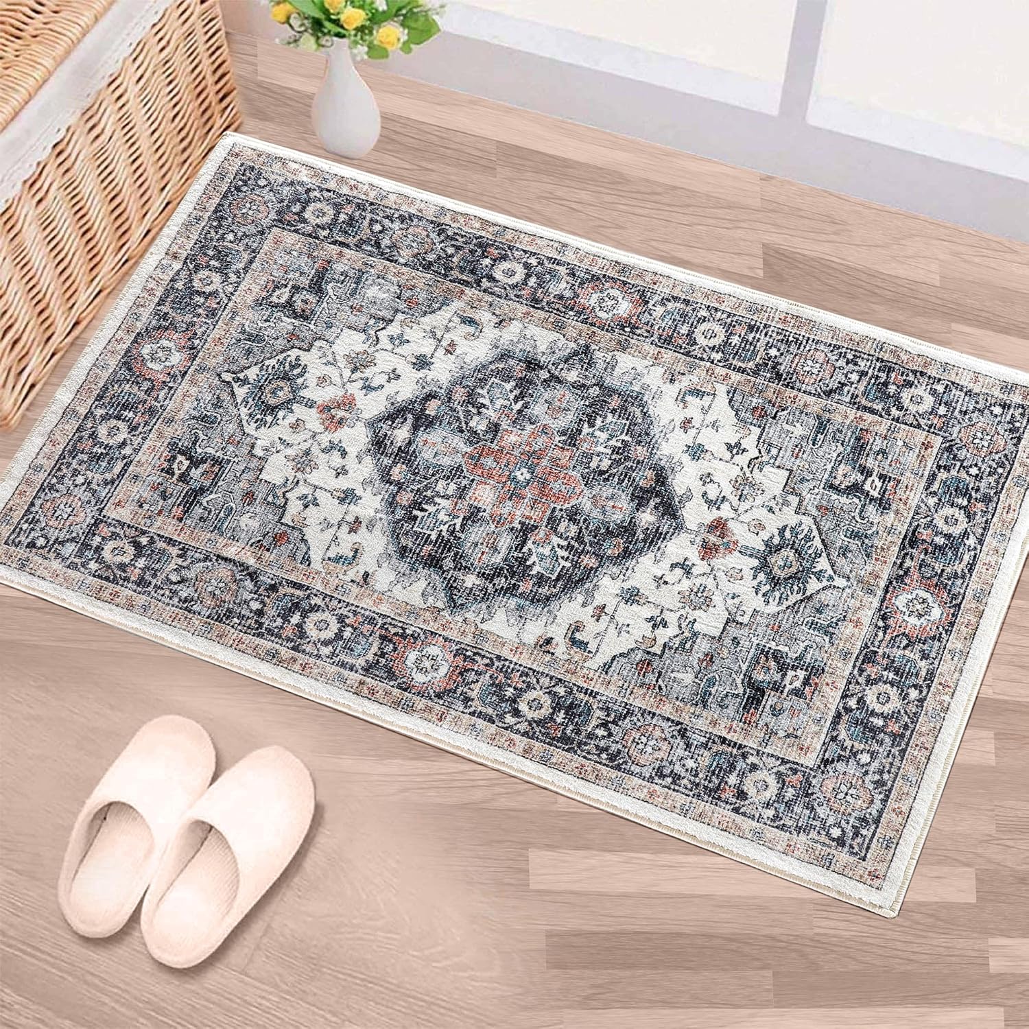 Mcadore Machine Washable Rug 2x3 Vintage Design Boho Area Rugs for Living Room Bedroom Kitchen Soft Non-Slip Foldable
