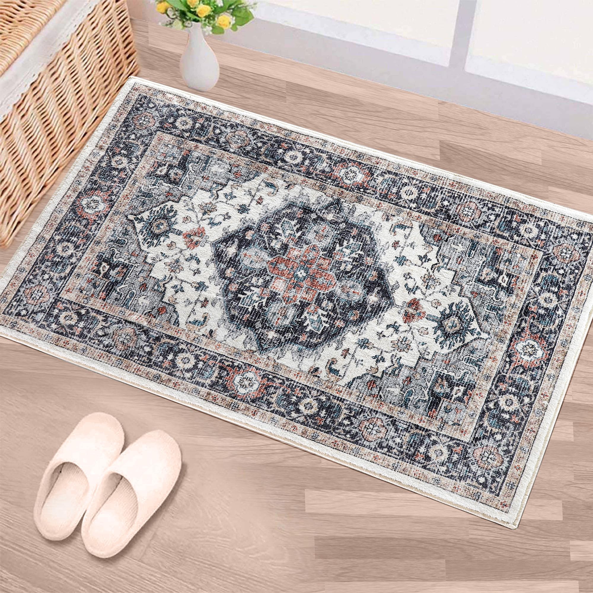 Mcadore Machine Washable Rug 2x3 Vintage Design Boho Area Rugs for Living Room Bedroom Kitchen Soft Non-Slip Foldable