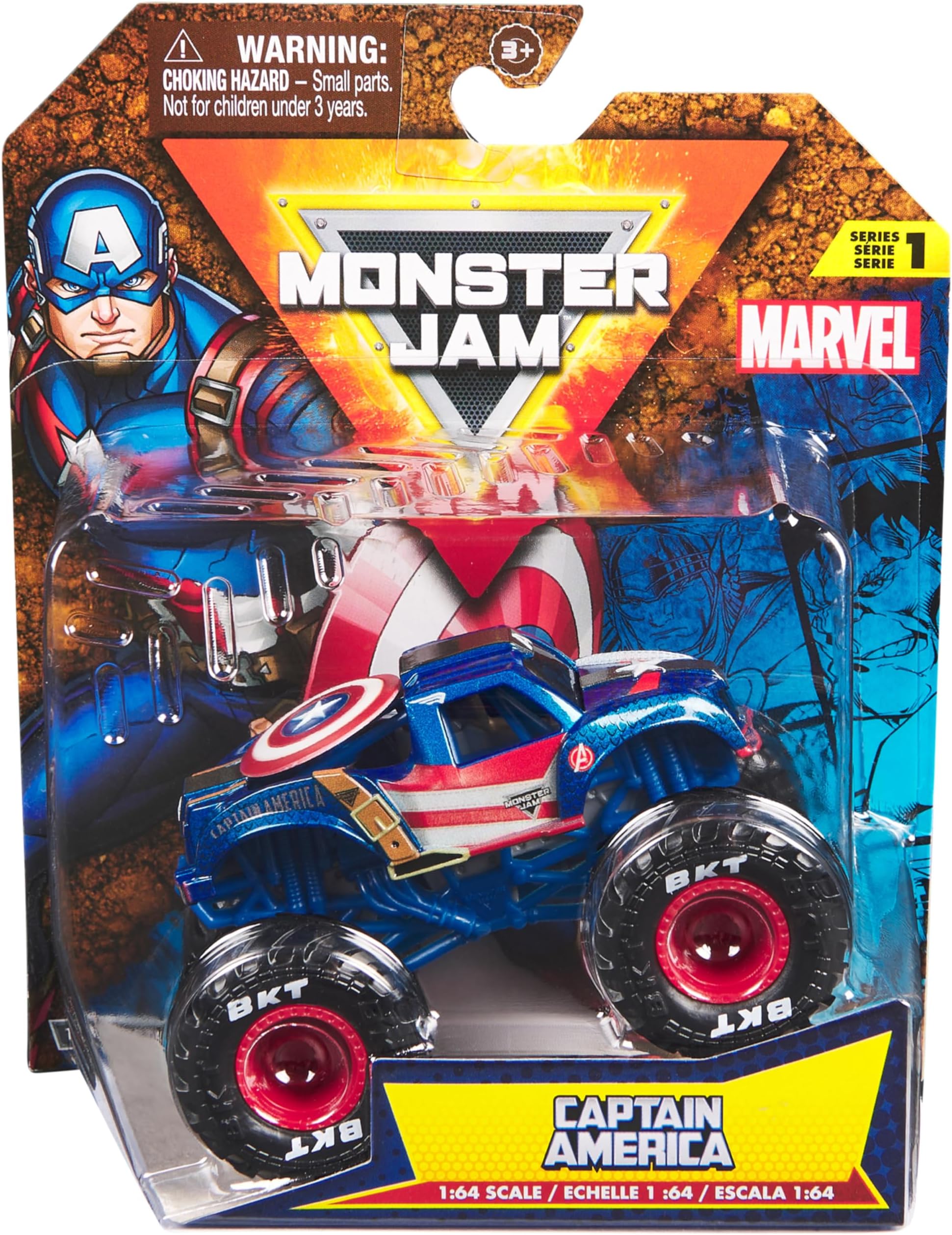 Monster Jam - Original Monster Truck in Marvel Superhero Design, Monster Stunt Action to Play and Collect, Scale 1:64, Ages 3+ (Assorted Designs, Random), Black