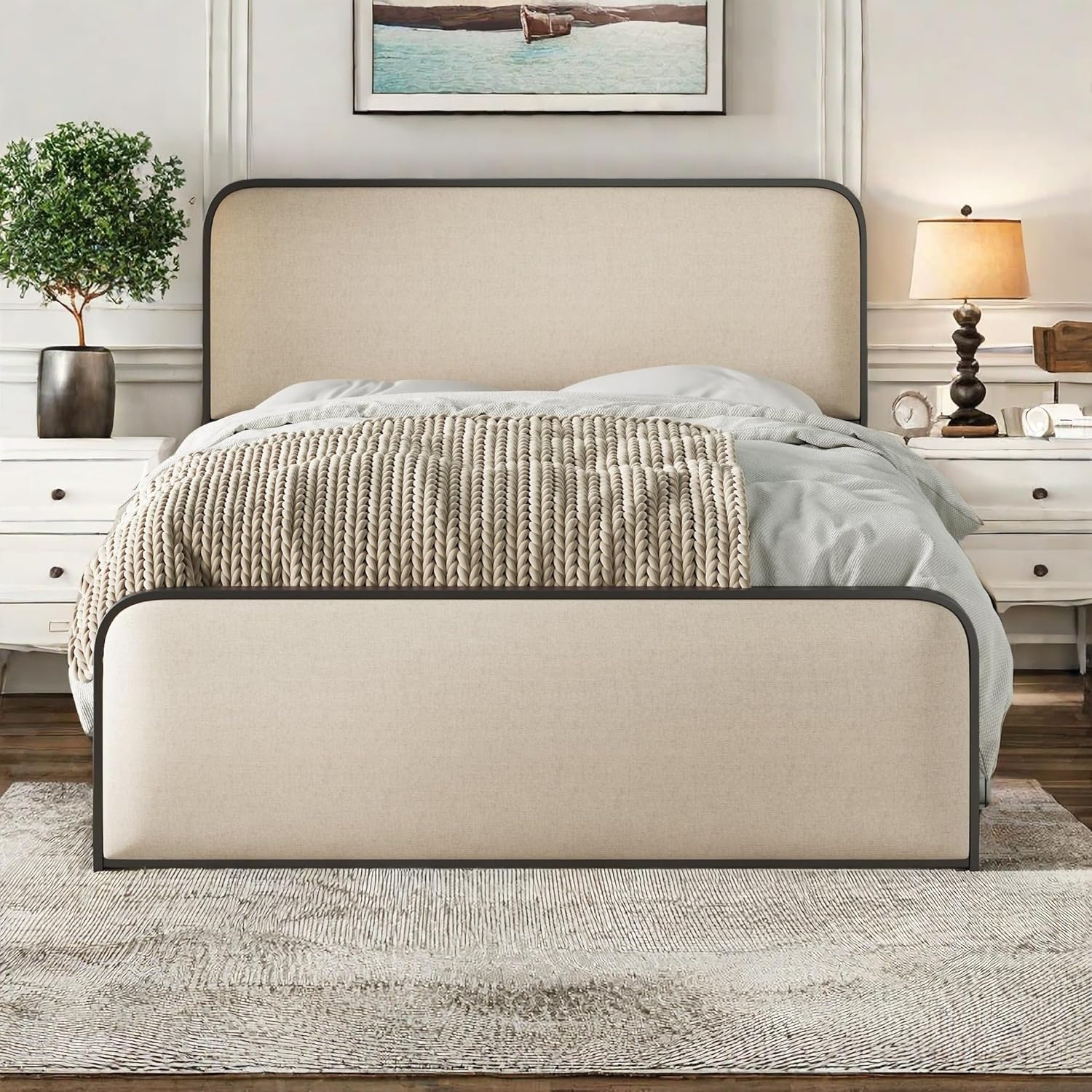 Upholstered Platform Bed Queen Size with Storage Drawers for Saving Space Metal Bed Frame with Headboard and Footboard, Beige