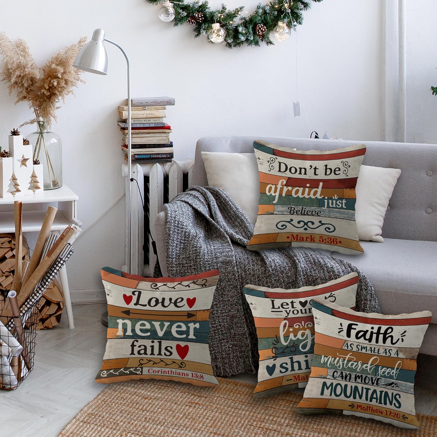 Scripture Art Vintage Linen Throw Pillow Case, 18 x 18 Inch Set of 6, Christian Decor, Christian Gift, Church Gifts, Inspirational Gift, Scripture Sayings Jesus Verse Cushion Cover for Sofa Couch Bed