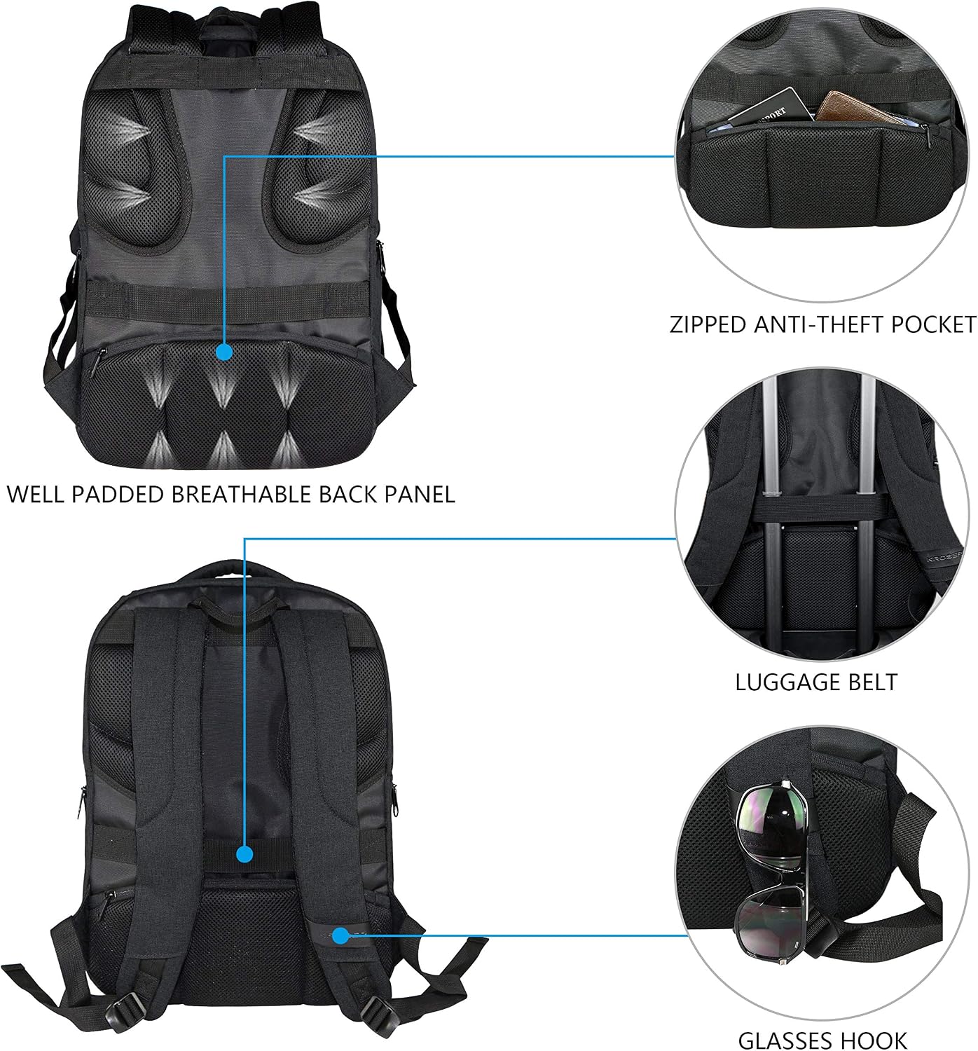 KROSER Laptop Backpack for 17.3 Inch Laptop Anti-Theft Large Computer Backpack with USB Charging Port Water-Repellent Casual Daypack for Travel/Business/College/Men/Women-Charcoal Black