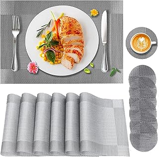 Lot de 12 Sets de Table,6 Pièces Sets de Tables Lavables et 6 Pièces Dessous de Verre,Tissé Sets de Table PVC Vinyle pour Cuisine Table à Manger 30x45cm,Antidérapant Lavable Chaleur Résiste